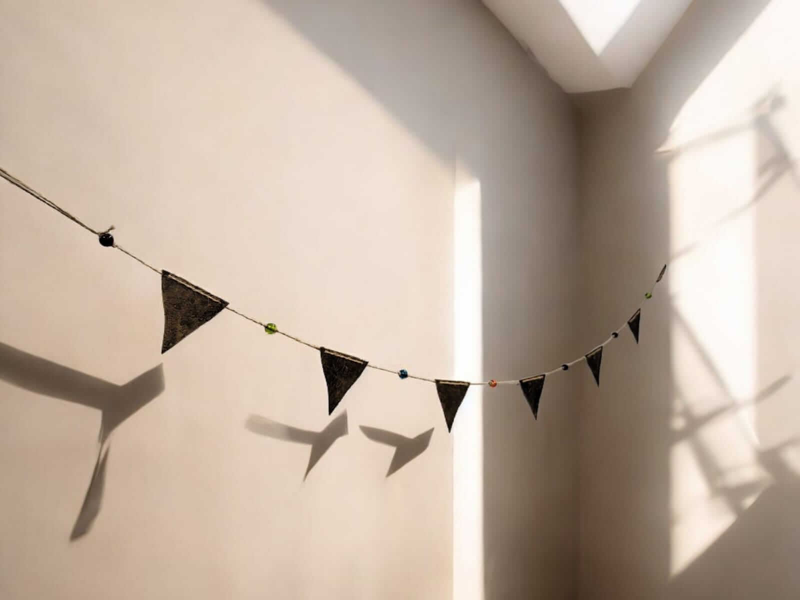 Vintage recycled iron triangle bunting garland with glass beads, perfect for indoor and outdoor bohemian decor.