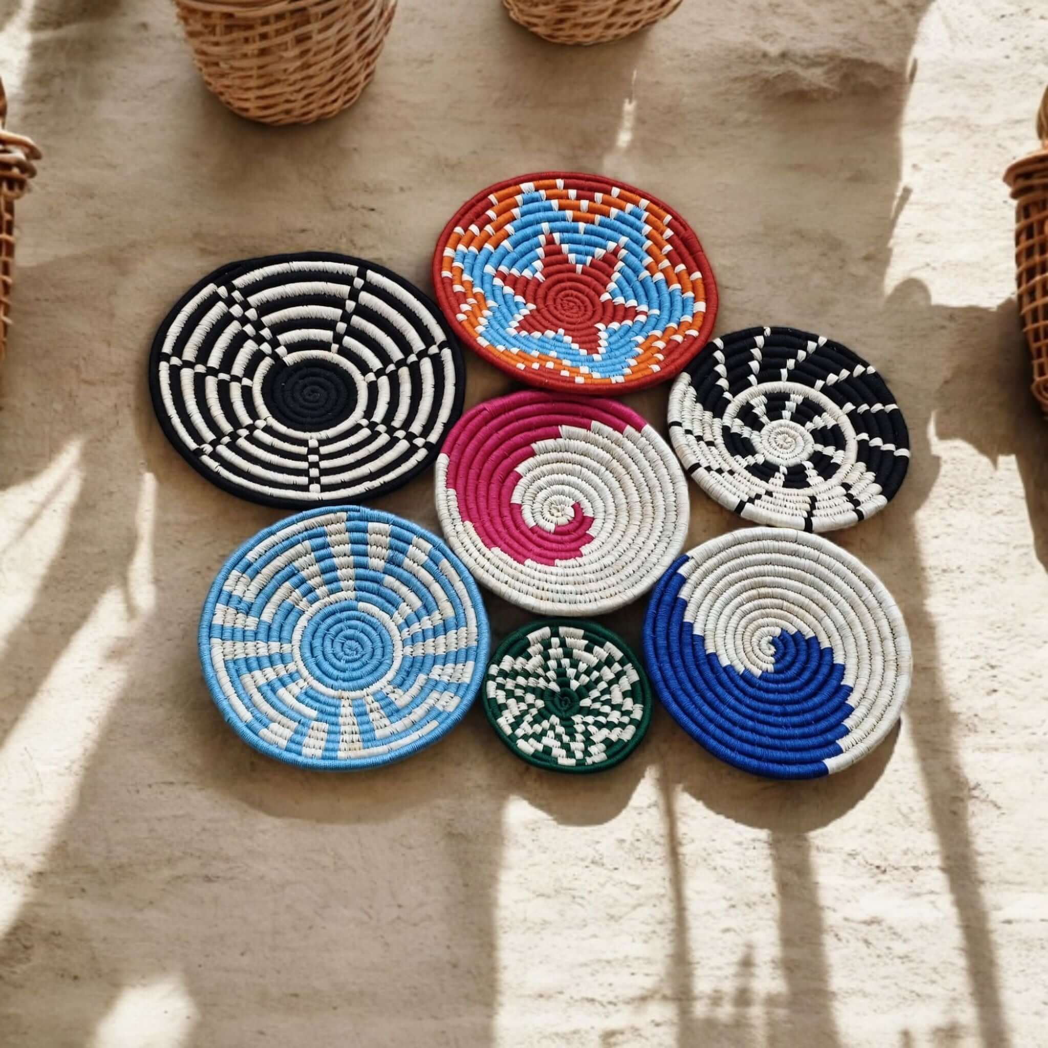 Handwoven Sabai grass wall baskets in multicolor, showcasing bohemian style; perfect for decorative wall art.