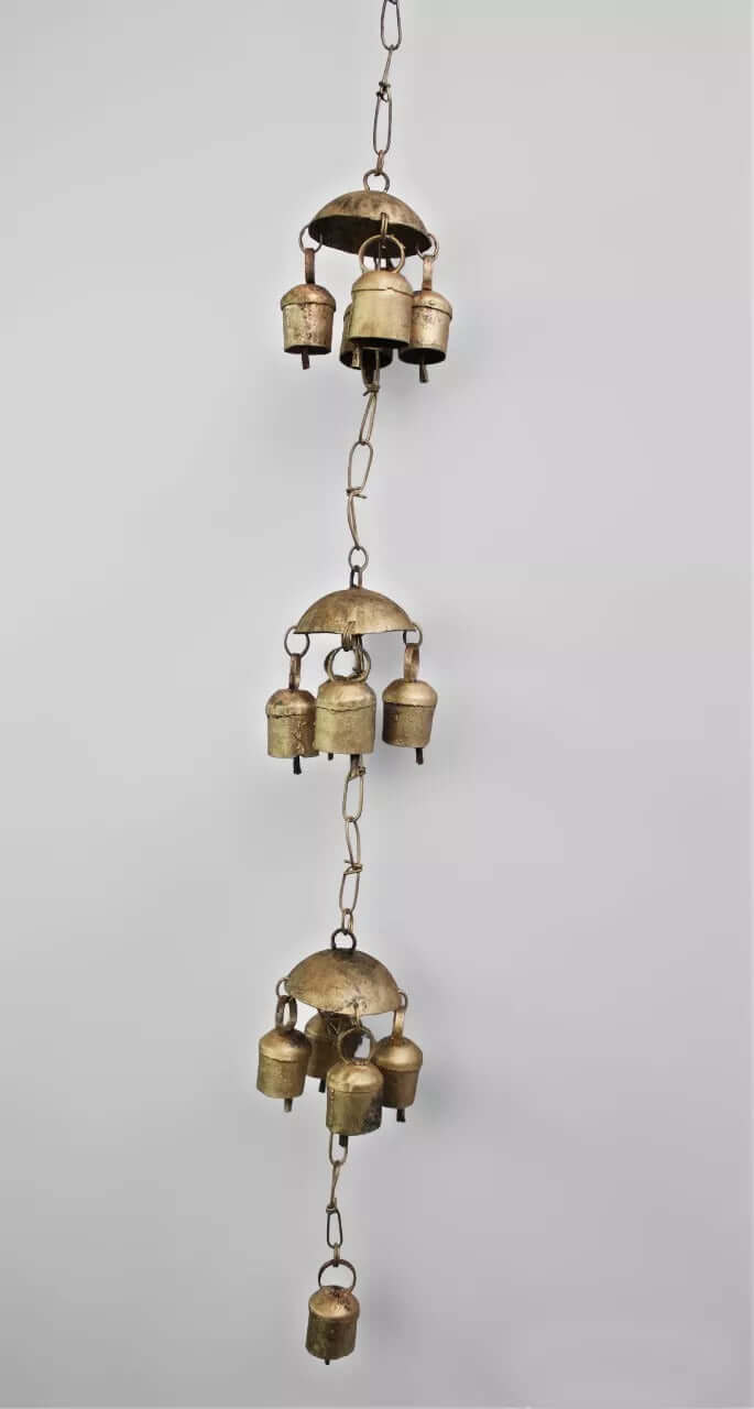 Antique gold wind chime with 13 recycled iron bells for rustic outdoor decor