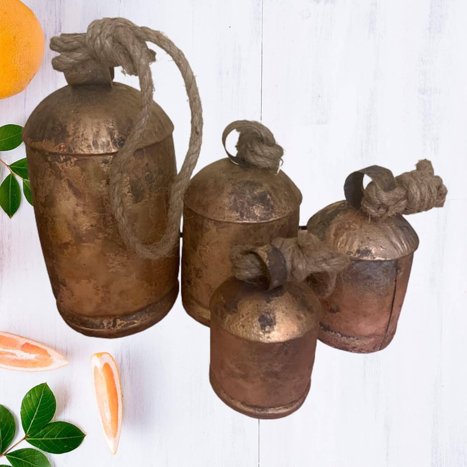 Giant Harmony Authentic Cow Bells 20 Pieces Huge Vintage Handmade Rustic Lucky Christmas Hanging Large Cow Bells on Rope with Wall Hanger 50 x 20 Inch (L x H)