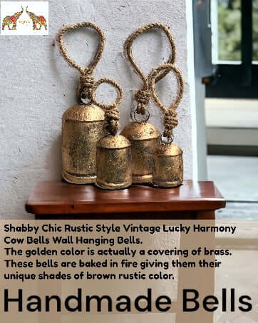 Set of 4 handmade rustic cow bells with jute rope, showcasing unique golden and brown shades for wall hanging decor.