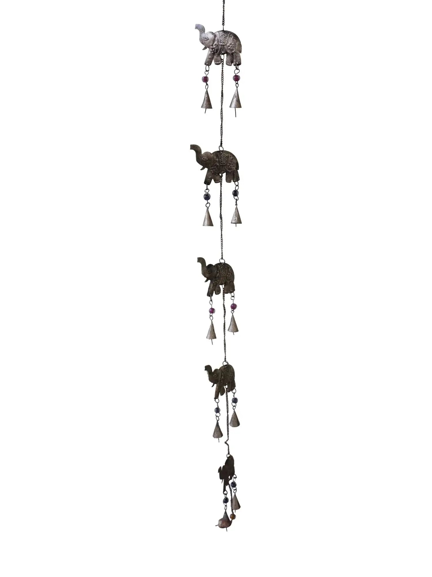 Set of 5 handmade elephant wind chimes with tinkling bells, ideal for outdoor patio and garden decoration.