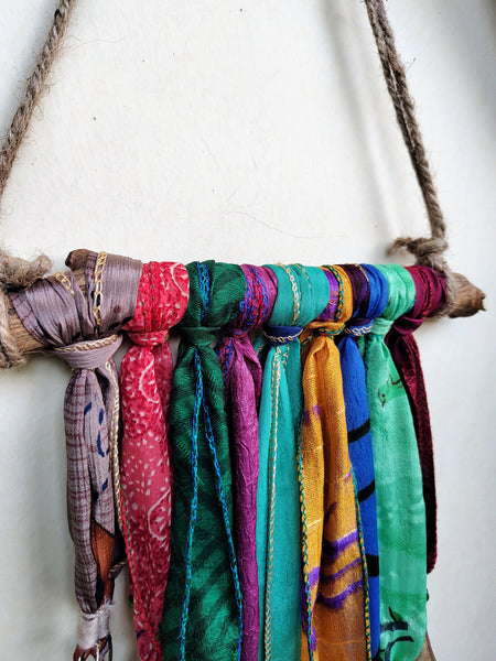 Recycled Silk Sari Saree Wall Hanging Boho Home Decoration Hippy Hippie Wall Art Wind chime Mobile Sun Catcher