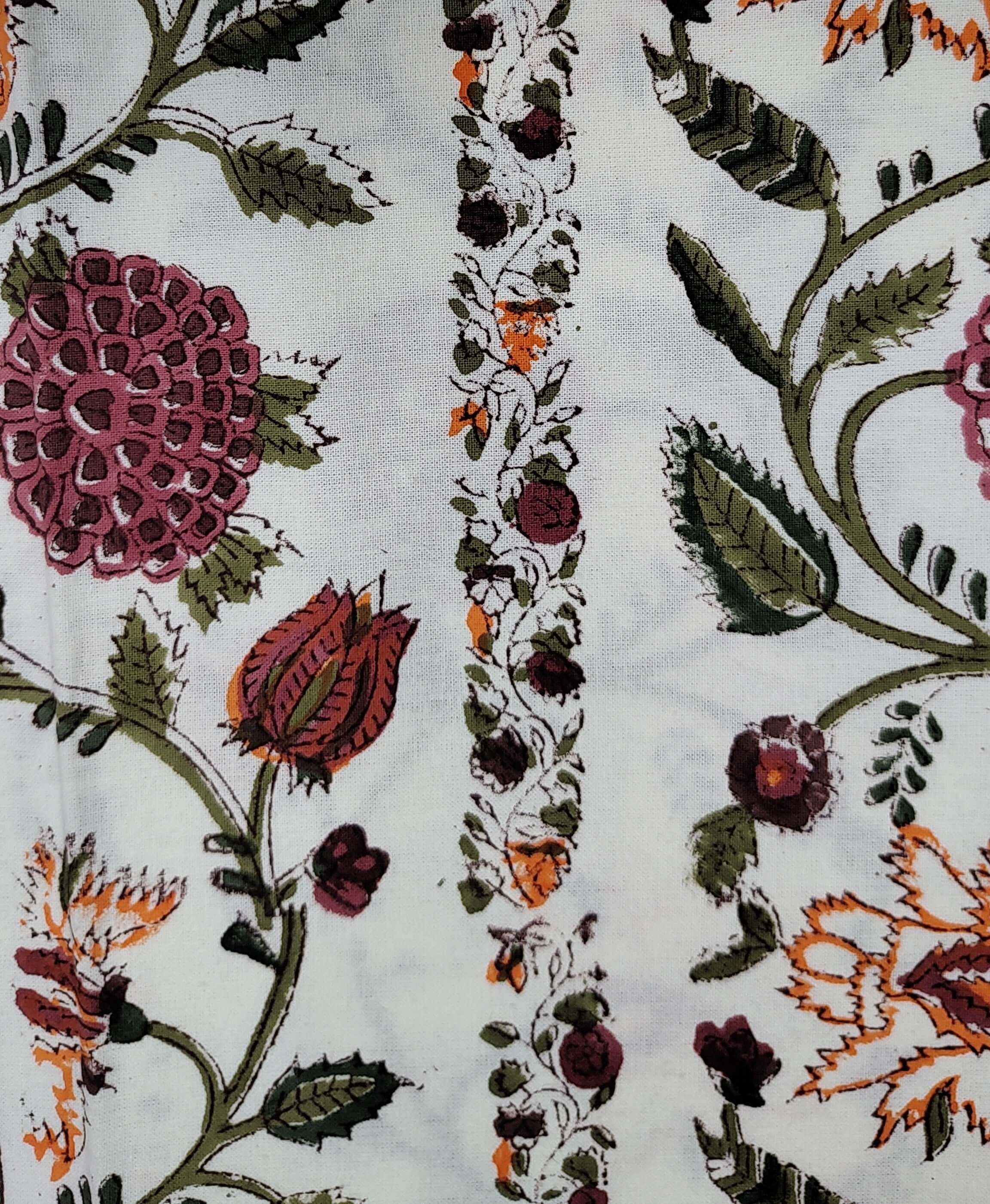 Hand block print floral design in vibrant colors on 100% cotton fabric for tablecloth or bed sheet.
