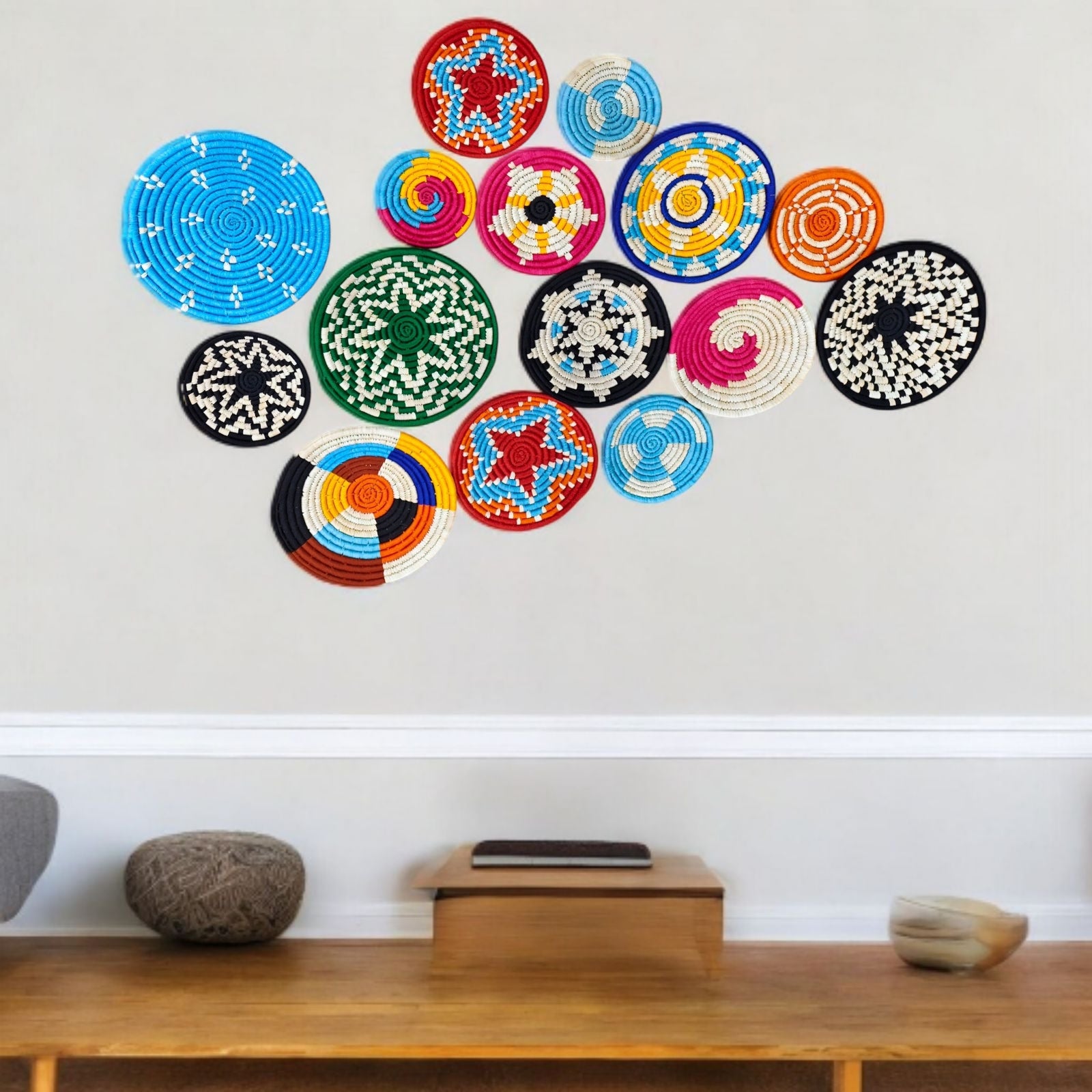 Handwoven multicolored rattan wall baskets for boho decor, featuring unique patterns and styles for living room wall art.