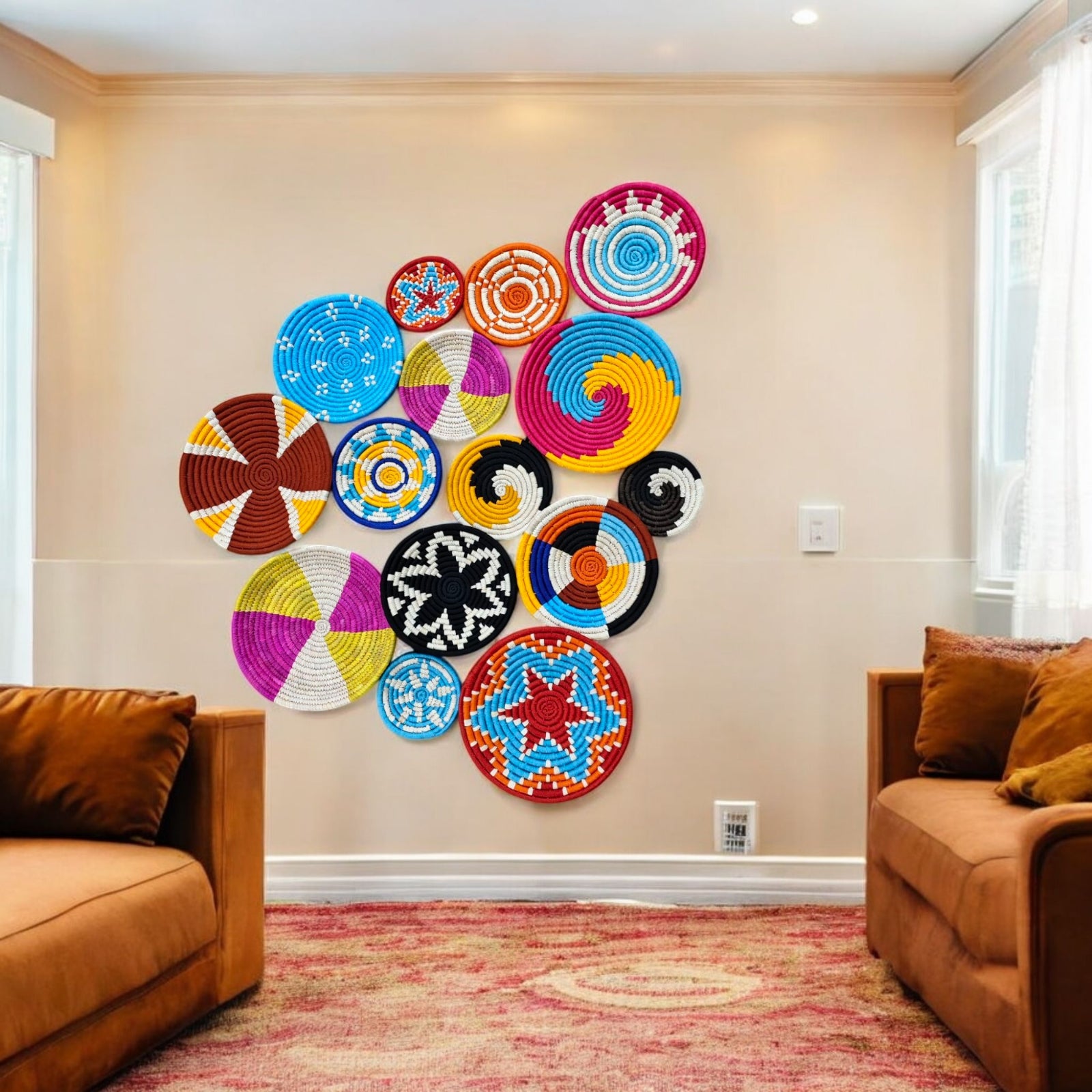 Colorful Sabai grass wall plates showcasing boho decor, adding charm to a living room with vintage wall art.