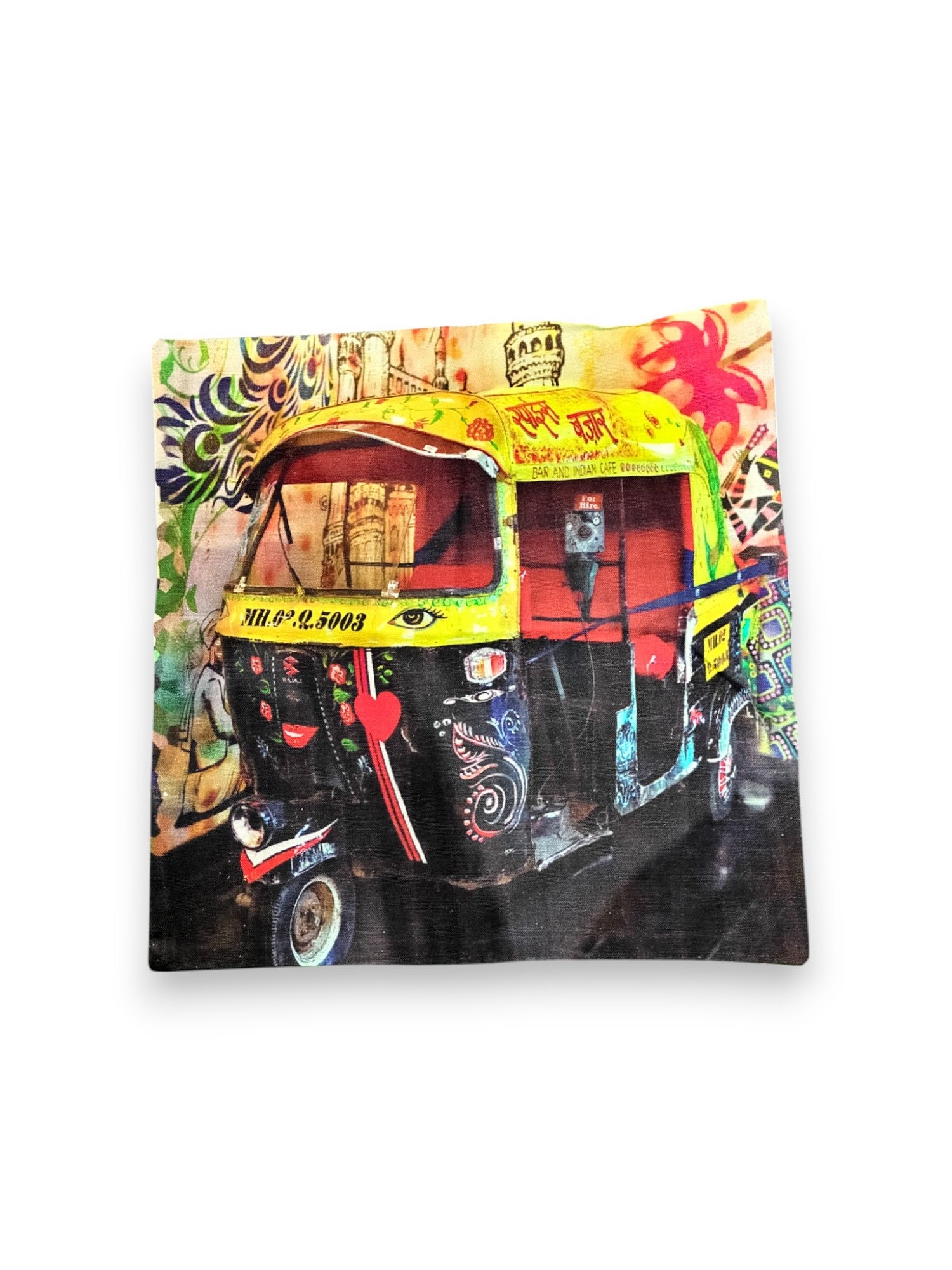 Set of 1 – 16x16 Digital Print Cushion Cover – Colorful Indian Auto Rickshaw Art Pillow for Sofa & Living Room Décor.