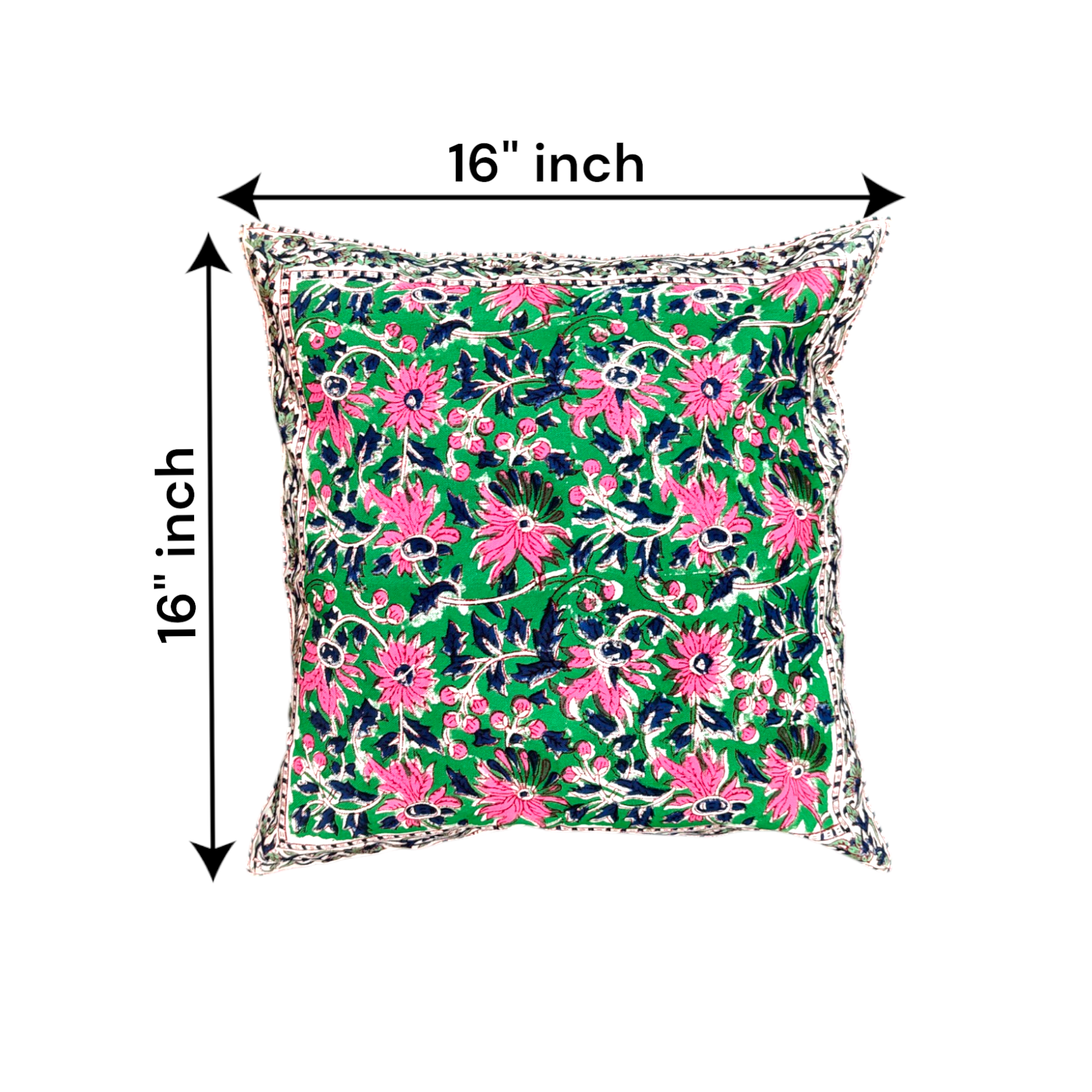 Vibrant Green & Pink Floral Digital Print Cushion Cover, 16x16 Spiritual Art, Cotton Indian Blossom Pillow with Striped Border Sofa & Bed Accent Pillows 1 piece.
