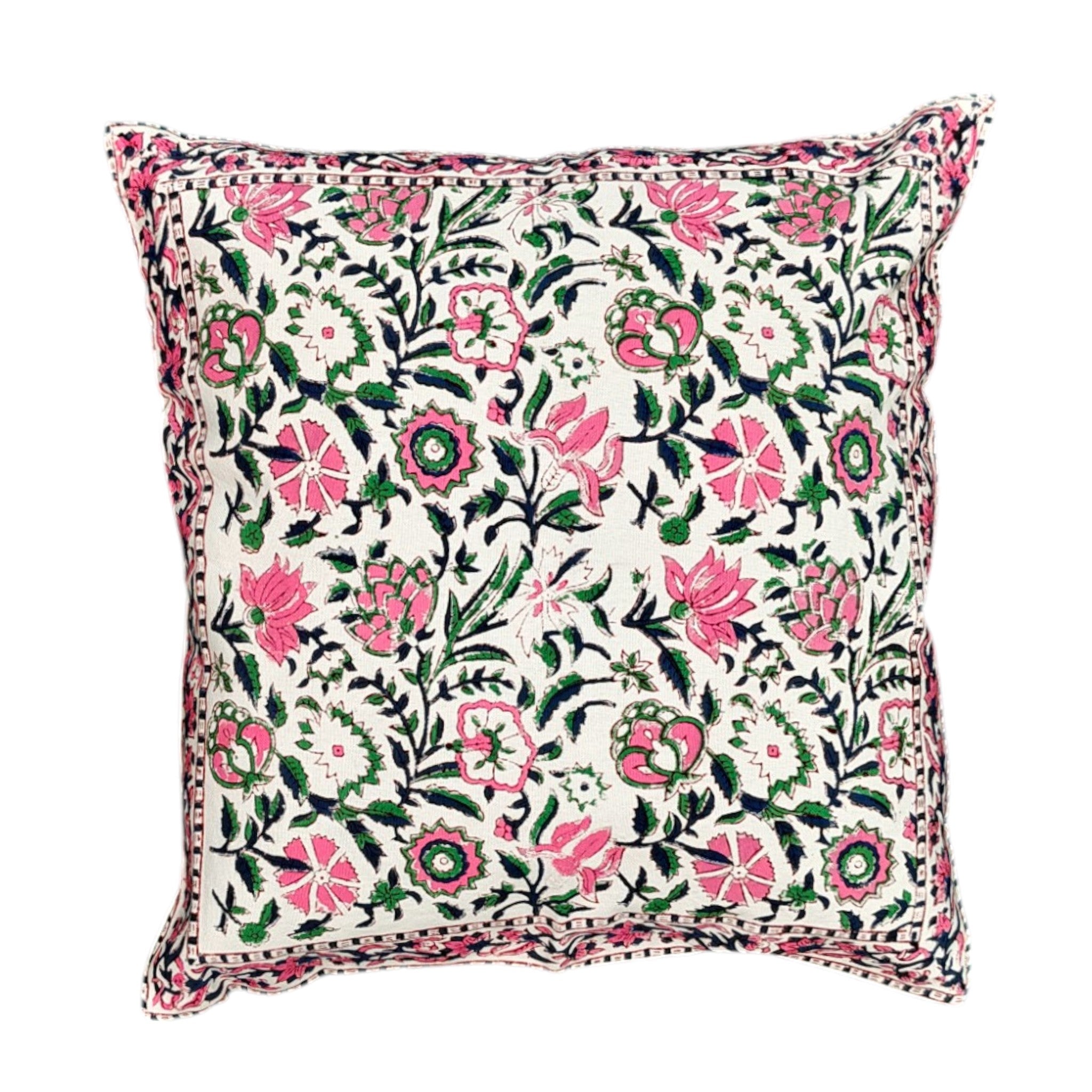 Vibrant Pink & Green Floral Digital Print Cotton Cushion Cover - Indian Blossom Pillow Set of 3