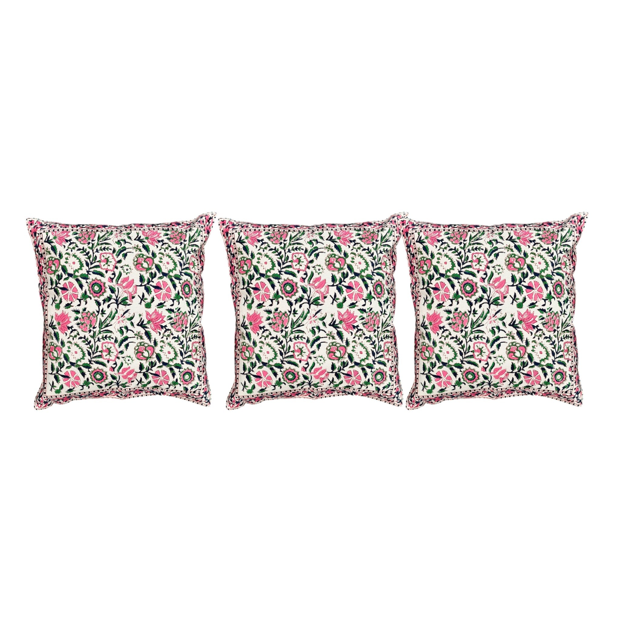 Vibrant Pink & Green Floral Digital Print Cotton Cushion Cover - Indian Blossom Pillow Set of 3
