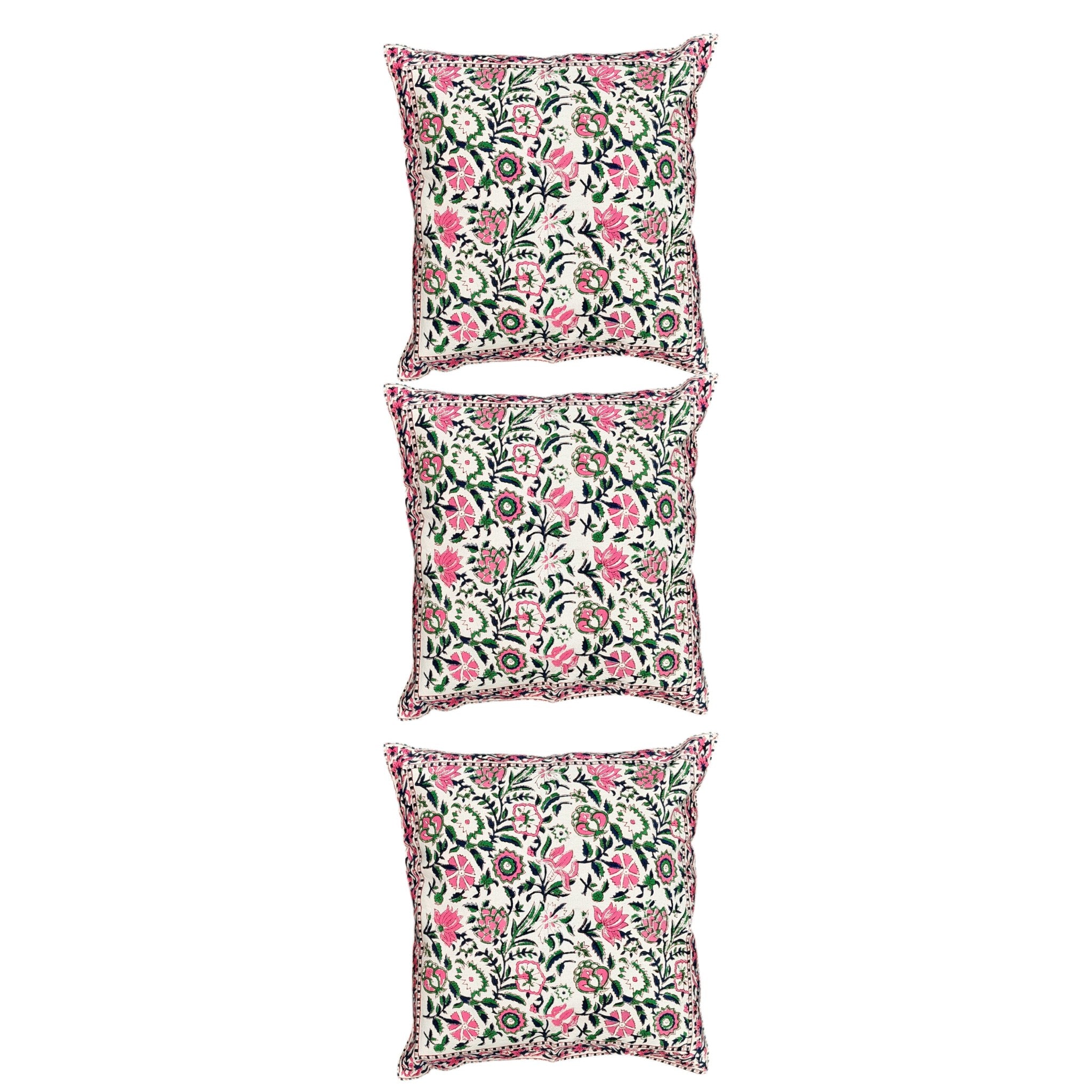 Vibrant Pink & Green Floral Digital Print Cotton Cushion Cover - Indian Blossom Pillow Set of 3