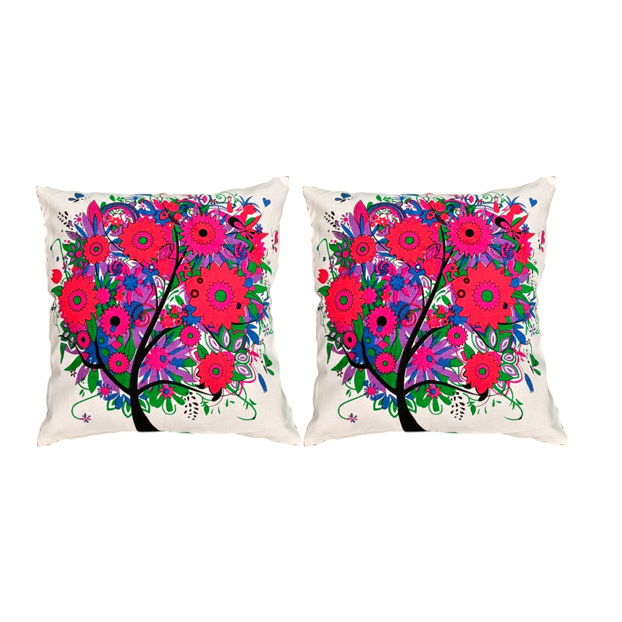 Floral Tree Digital Printed Cushion Covers, 16x16 Multicolor Decorative Throw Pillow Covers Handmade Sofa & Bed Accent Pillows set of 2.