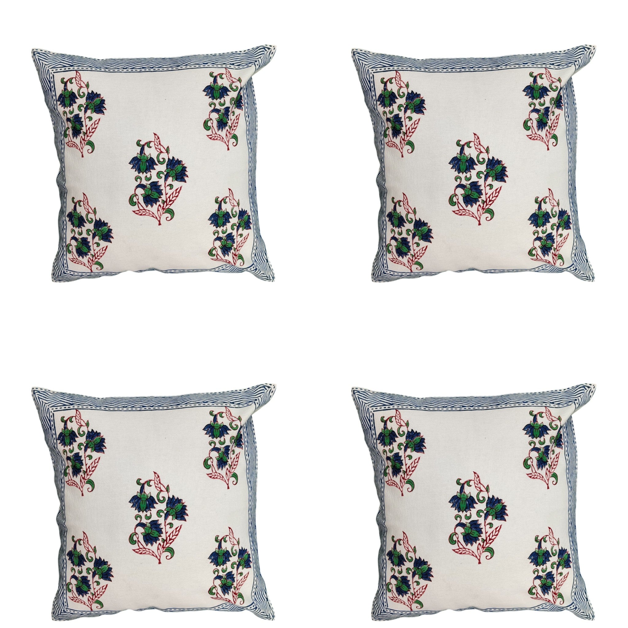 Elegant Floral Digital Print Cushion Cover, 16x16 - Blue & Green Cotton Pillow with Striped Border.