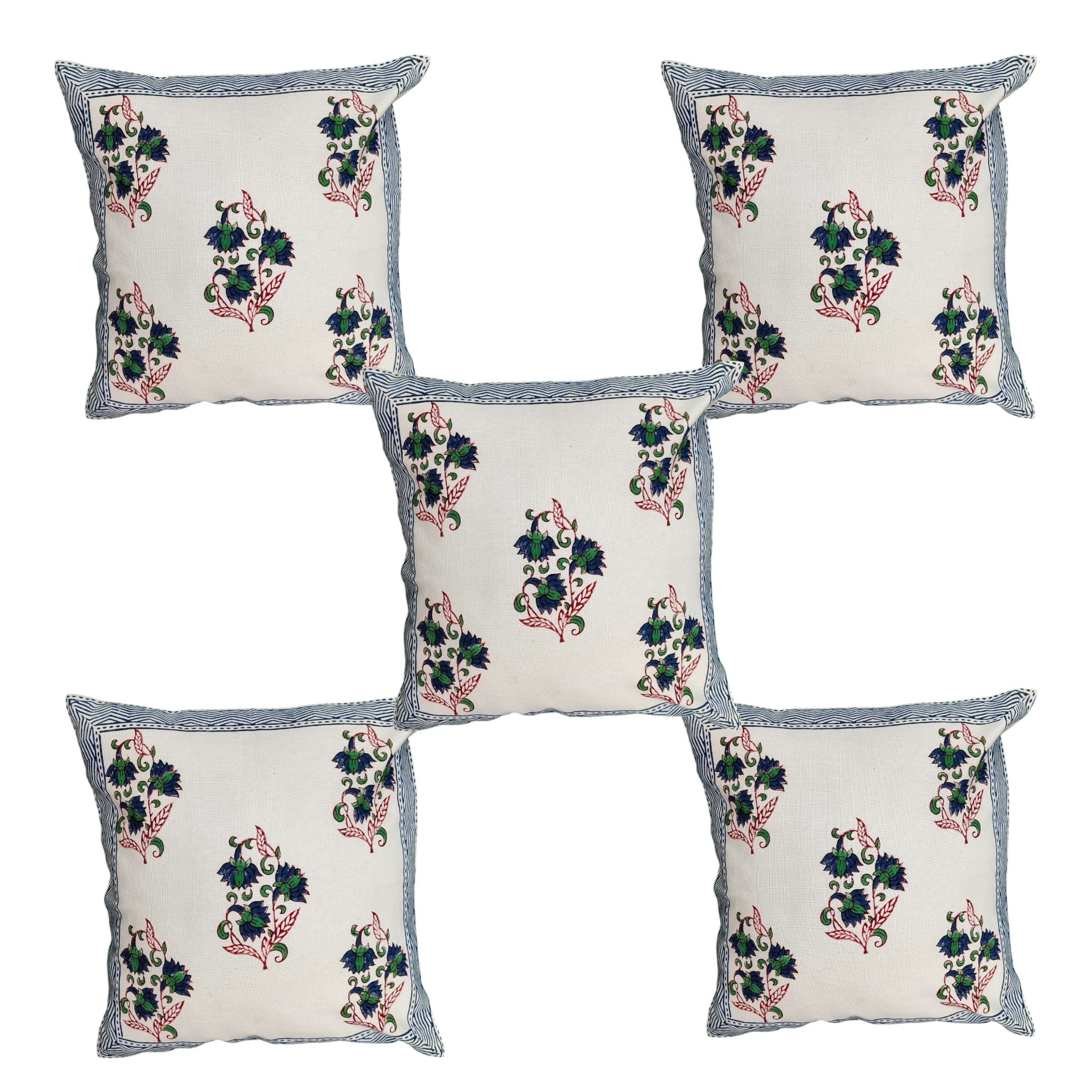 Elegant Floral Digital Print Cushion Cover, 16x16 - Blue & Green Cotton Pillow with Striped Border.