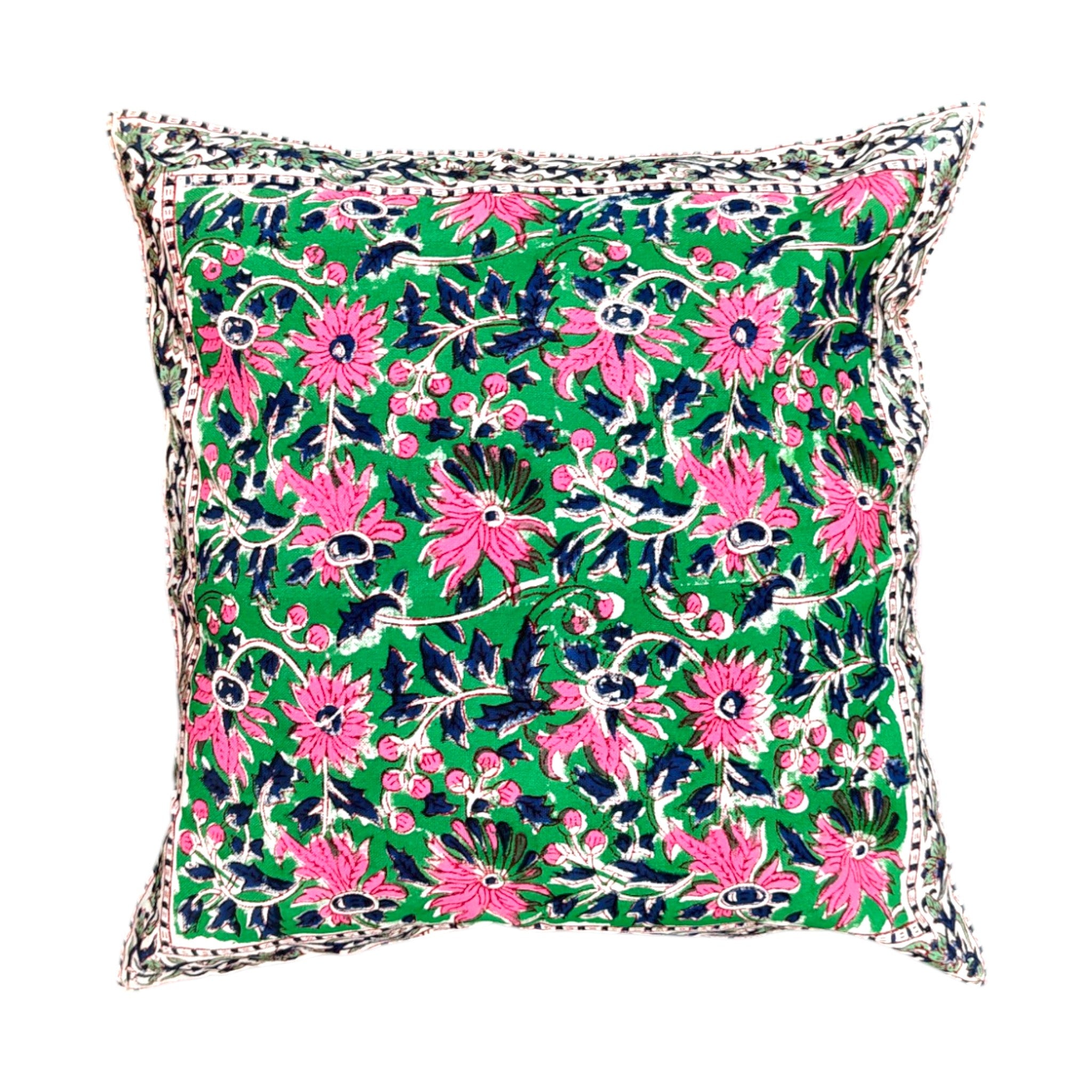Vibrant Green & Pink Floral Digital Print Cushion Cover, 16x16 Spiritual Art, Cotton Indian Blossom Pillow with Striped Border Sofa & Bed Accent Pillows 1 piece.