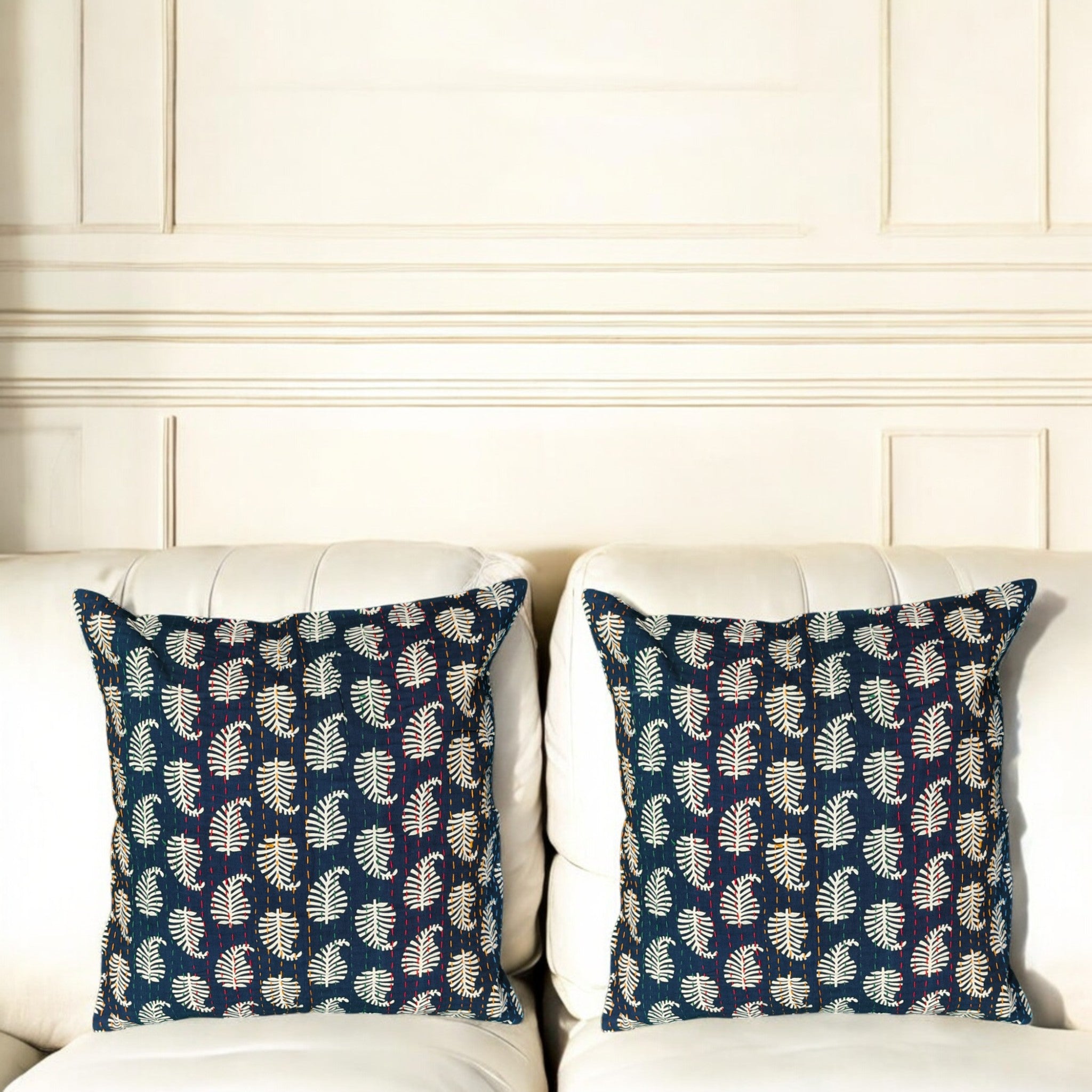 Dark Blue Leaf Print Cushion Cover, 16x16 Multicolor Decorative Throw Pillow Covers Handmade Sofa & Bed Accent Pillows set of 4.