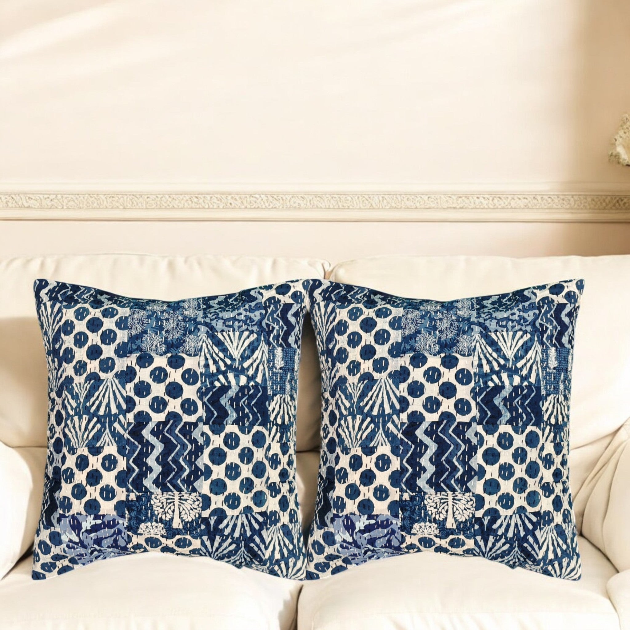 Indigo Blue Abstract Digital Print Cushion Cover Pair, 16x16 Multicolor Decorative Throw Pillow Covers Handmade Sofa & Bed Accent Pillows set of 2.