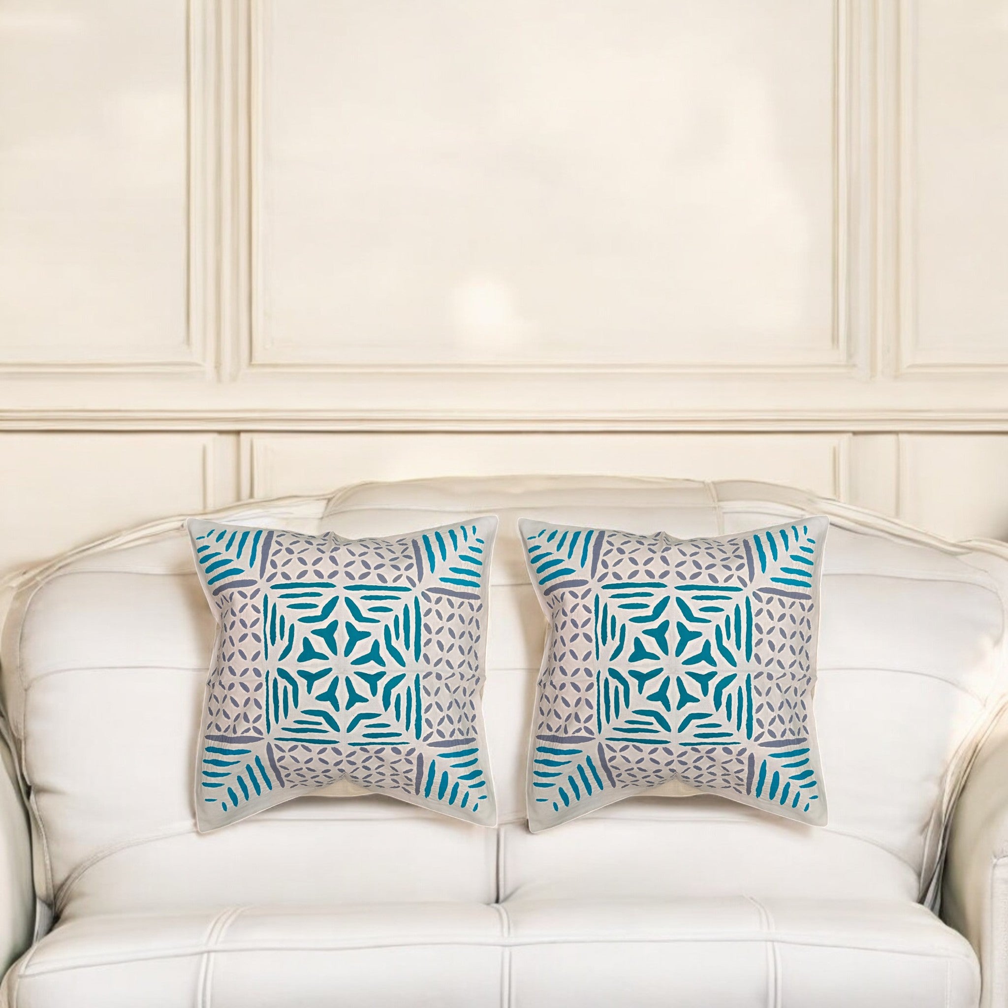 geometrical blue & white Digital Printed Cushion Covers, 18x18 Multicolor Decorative Throw Pillow Covers Handmade Sofa & Bed Accent Pillow set of 5.