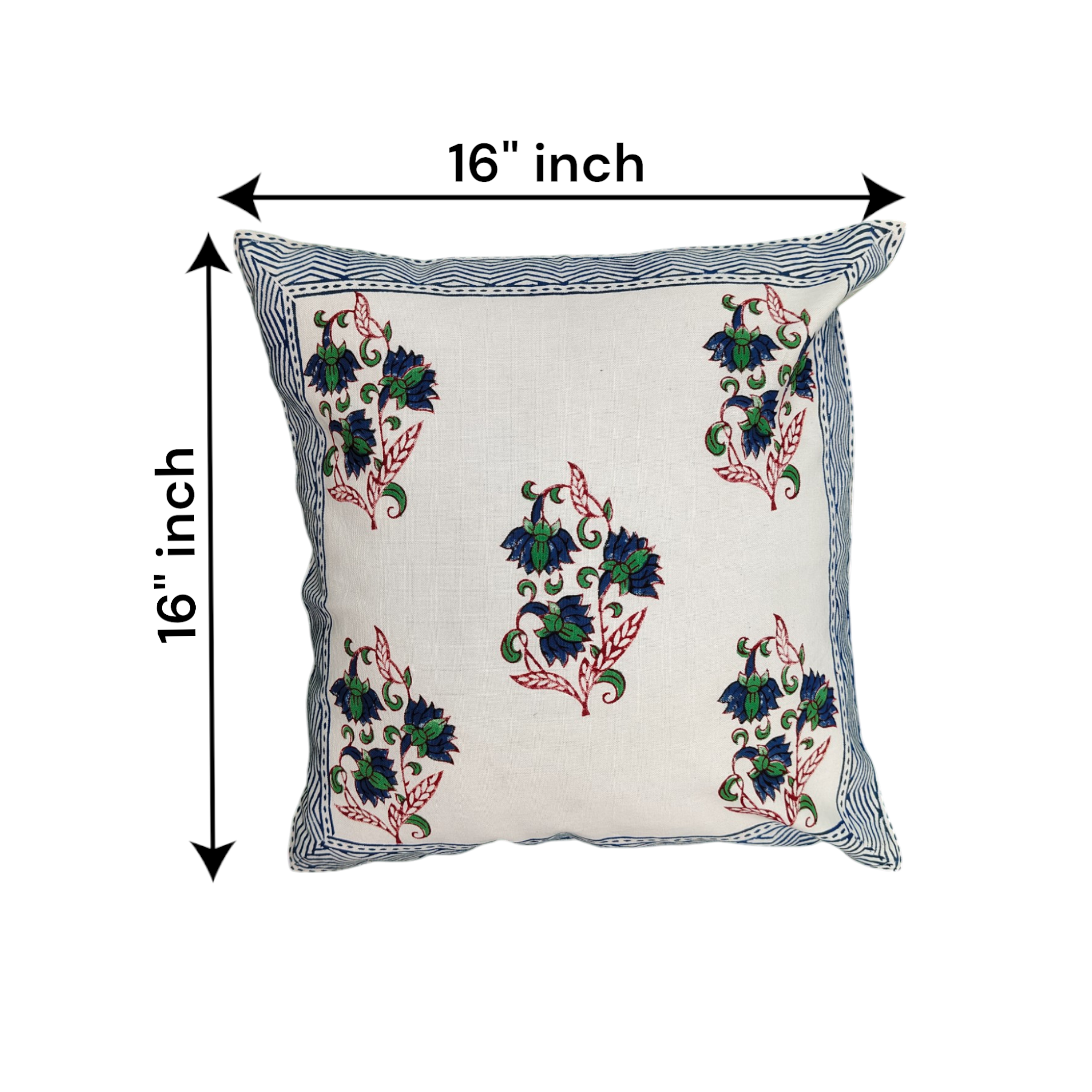 Elegant Floral Digital Print Cushion Cover, 16x16 - Blue & Green Cotton Pillow with Striped Border.