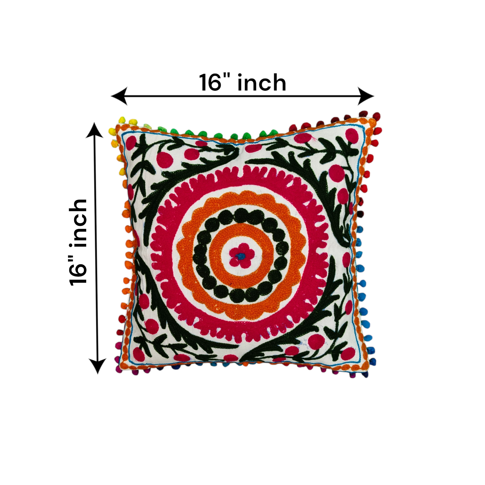 Multicolor Sujani Embroidered Cushion Cover – 16x16 Inch, Cotton with Pom-Pom Edging.