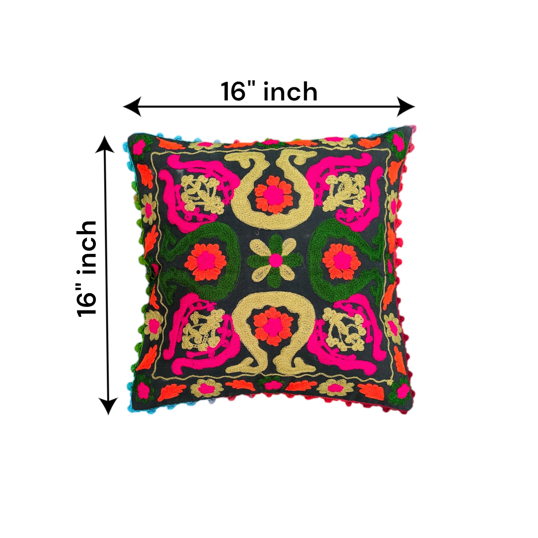 Multicolor Sujani Embroidered Cushion Cover – 16x16 Inch, Cotton with Pom-Pom Edging.