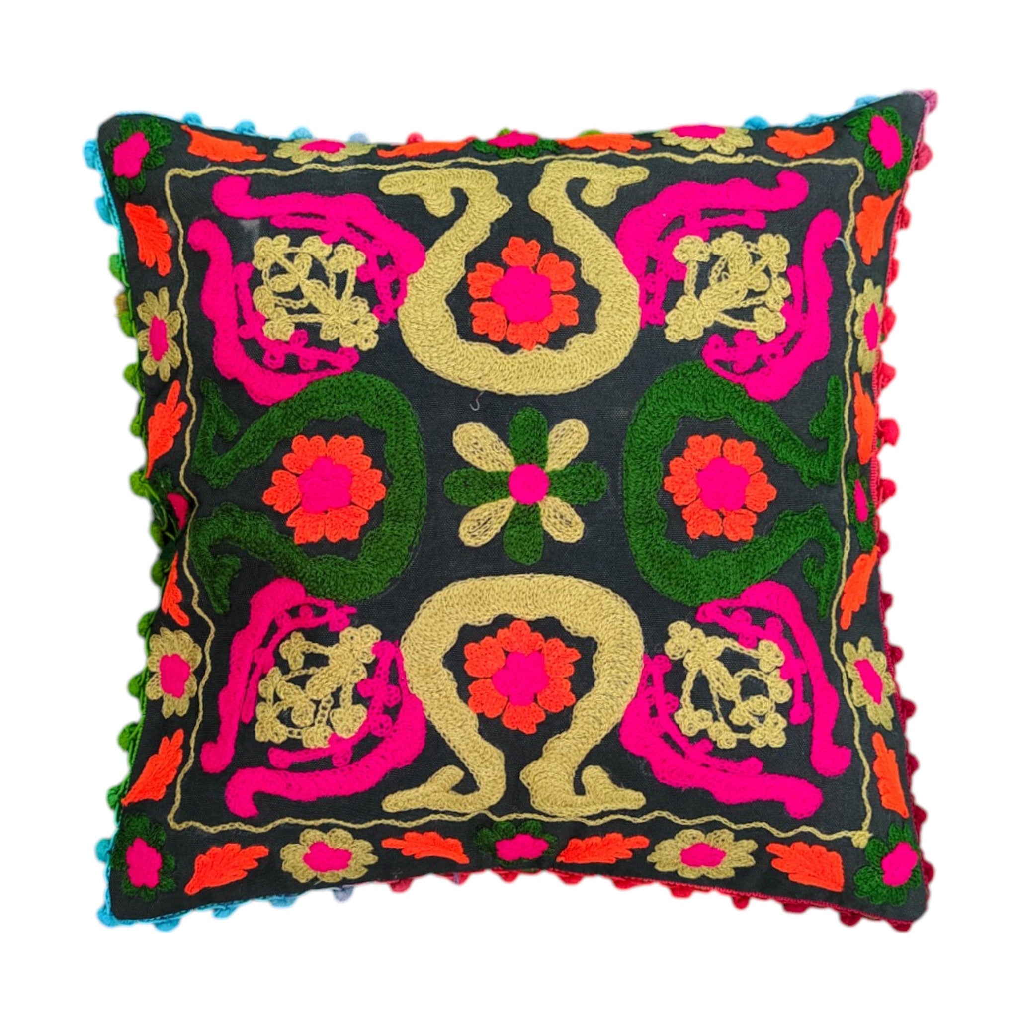 Multicolor Sujani Embroidered Cushion Cover – 16x16 Inch, Cotton with Pom-Pom Edging.