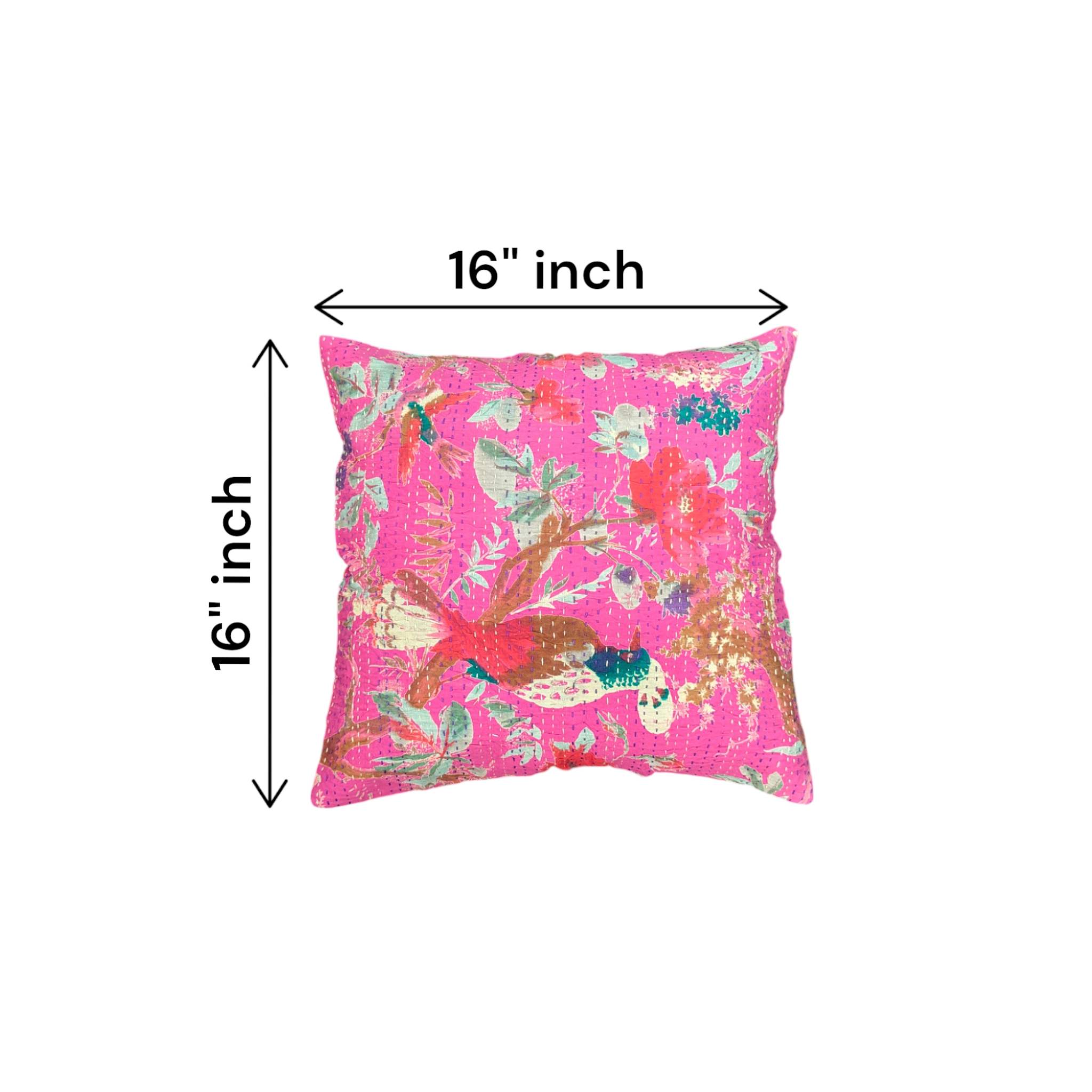 Set of 2 Kantha-Stitched Digital Printed Cushion Covers Pink Floral & Bird Design | 16x16” Boho Throw Pillowcases for Sofa, Bed, Home Décor set of 2.
