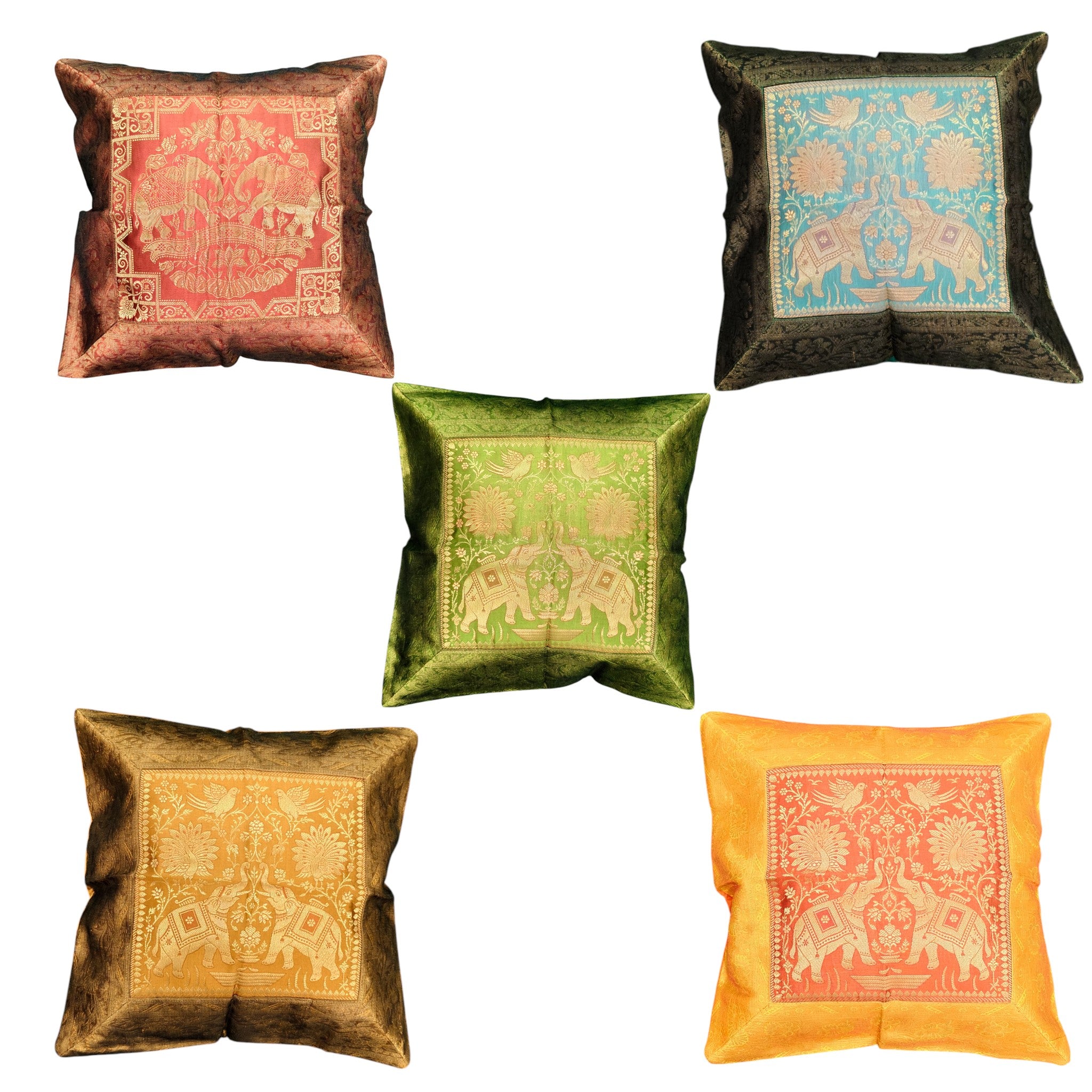 Set of 5 Banarasi silk cushion covers featuring royal elephant designs in various colors for decorative sofa and bed styling.