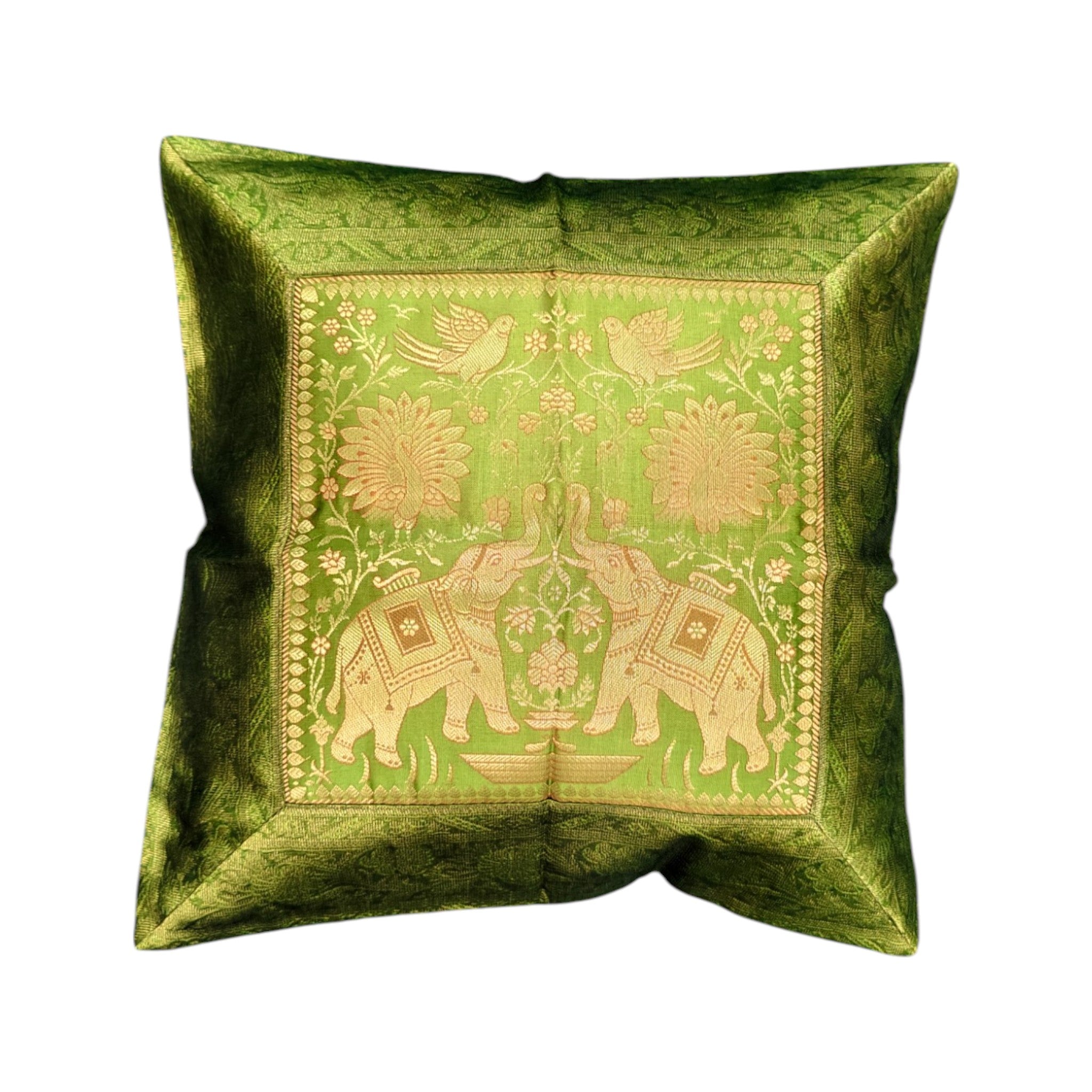 Banarasi silk cushion covers featuring digital printed royal elephant design on green fabric, decorative throw pillow.
