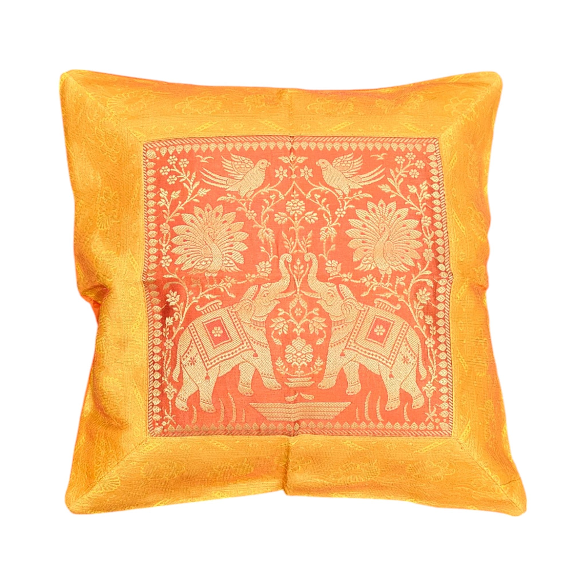 Banarasi silk cushion covers featuring a royal elephant design on an orange background, perfect for home décor.