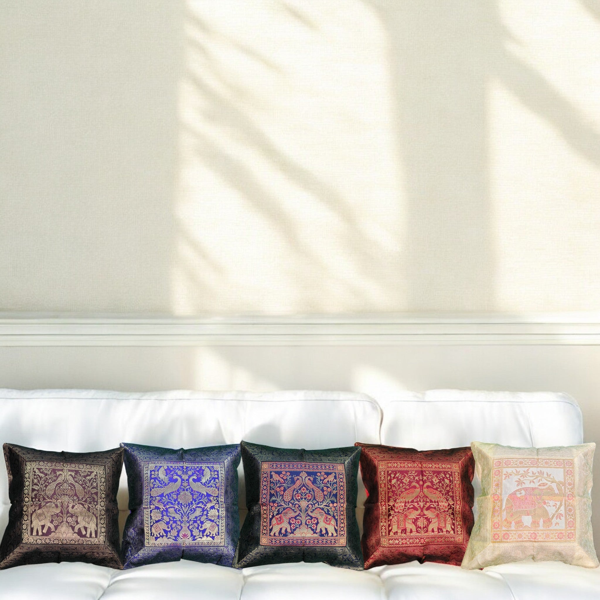 Banarasi Silk Brocade Cushion Cover – Digital Printed Royal Elephant Design – 16x16 Inches | Indian Boho Throw Pillowcases for Sofa, Bed, Living Room Décor set of 5