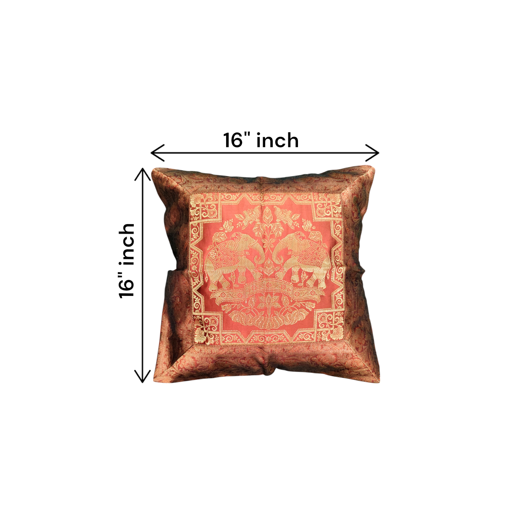 Banarasi silk cushion covers featuring a royal elephant design, 16x16 inches, perfect for sofa and bed décor.