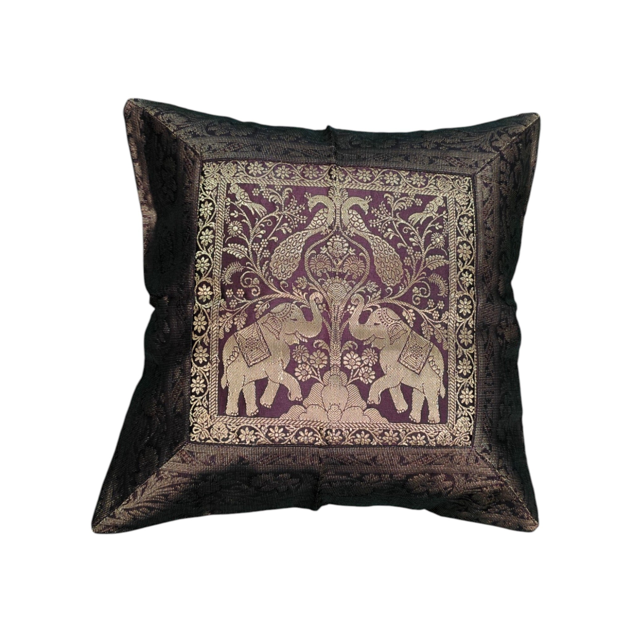 Banarasi Silk Brocade Cushion Cover – Digital Printed Royal Elephant Design – 16x16 Inches | Indian Boho Throw Pillowcases for Sofa, Bed, Living Room Décor set of 5