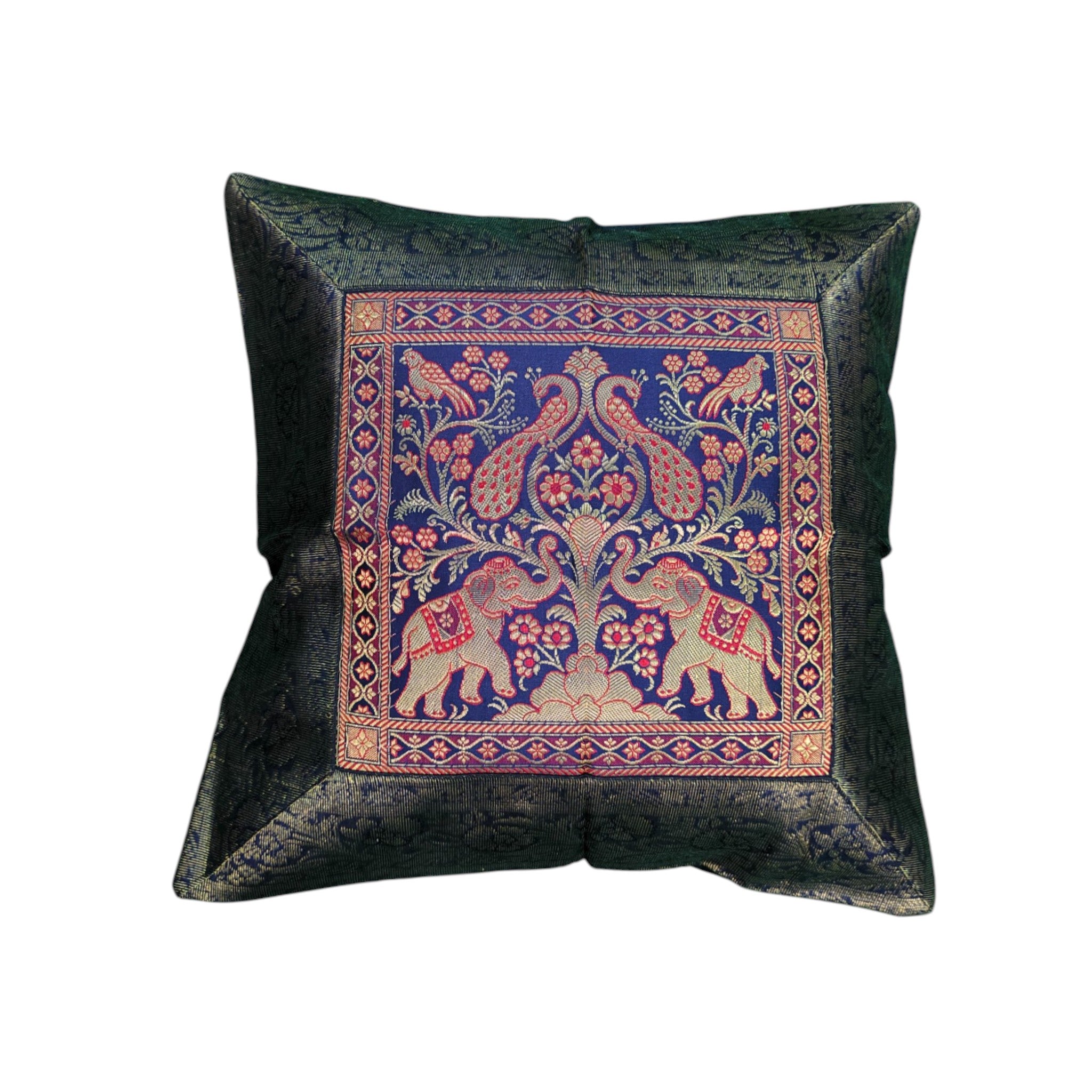 Banarasi Silk Brocade Cushion Cover – Digital Printed Royal Elephant Design – 16x16 Inches | Indian Boho Throw Pillowcases for Sofa, Bed, Living Room Décor set of 5