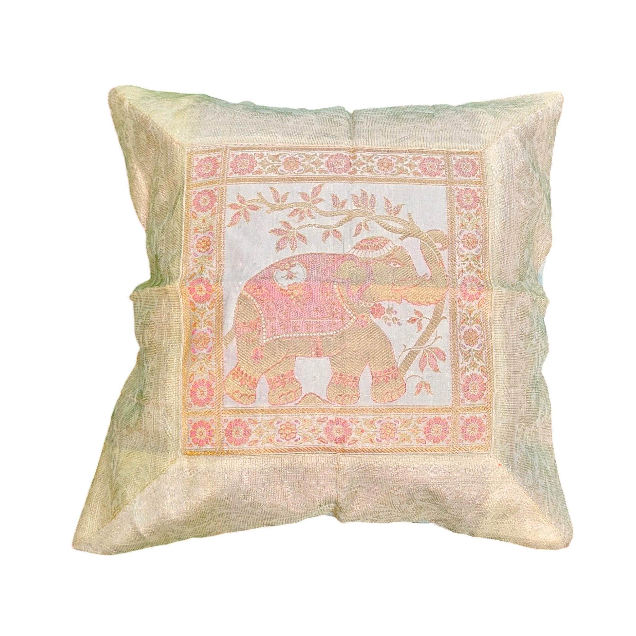Banarasi Silk Brocade Cushion Cover – Digital Printed Royal Elephant Design – 16x16 Inches | Indian Boho Throw Pillowcases for Sofa, Bed, Living Room Décor set of 5