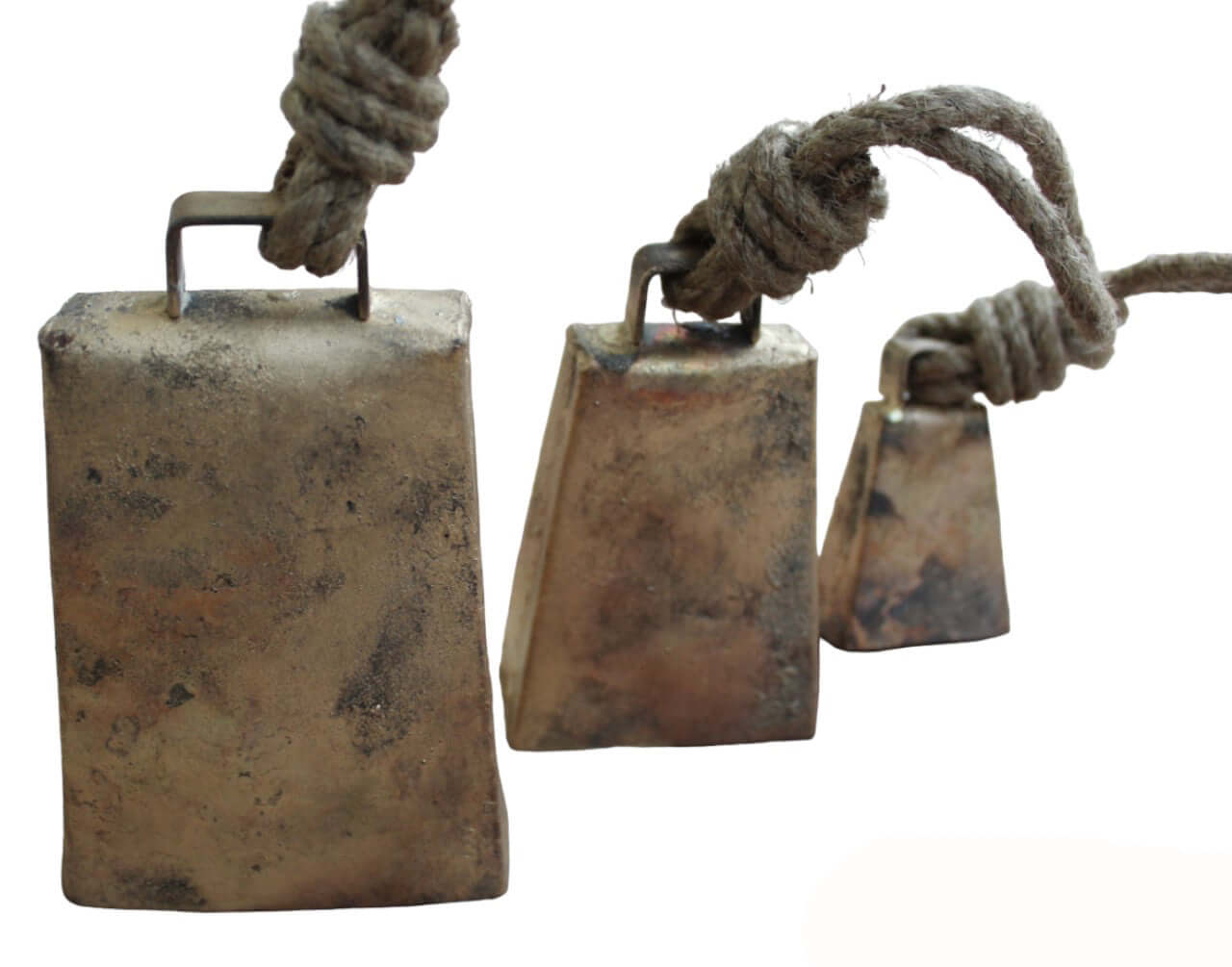 Antique Decorative Bells Gold Finish Set of 3 Pcs with rustic brown shades and rope design