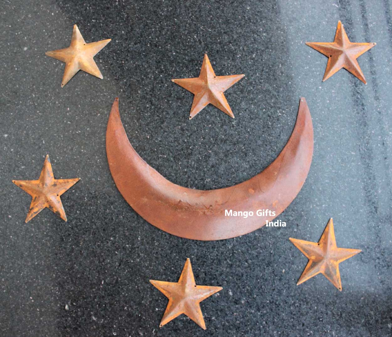 Elevate your space with our 10-piece recycled iron moon and stars set. Perfect for country primitive decor in your home or patio.