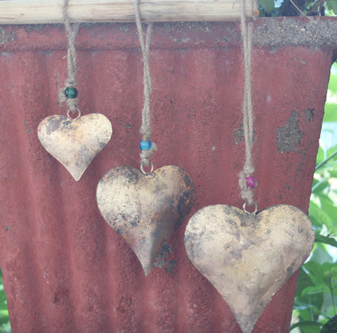 Indian Metal Heart Wall Hanging Ornaments Gifts Decorative Collectibles Handcrafted Antique Gold Finish set of 15 pieces