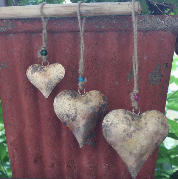 Indian Metal Heart Wall Hanging Ornaments Gifts Decorative Collectibles Handcrafted Antique Gold Finish set of 15 pieces