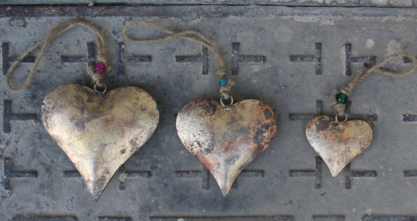 Indian Metal Heart Wall Hanging Ornaments Gifts Decorative Collectibles Handcrafted Antique Gold Finish set of 15 pieces