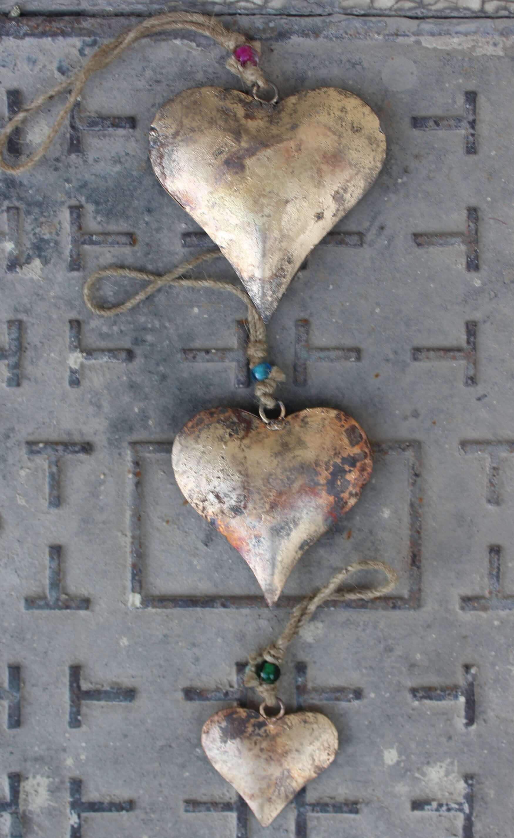 Antique Gold Metal Heart Wall Hanging - Set of 15 Bells