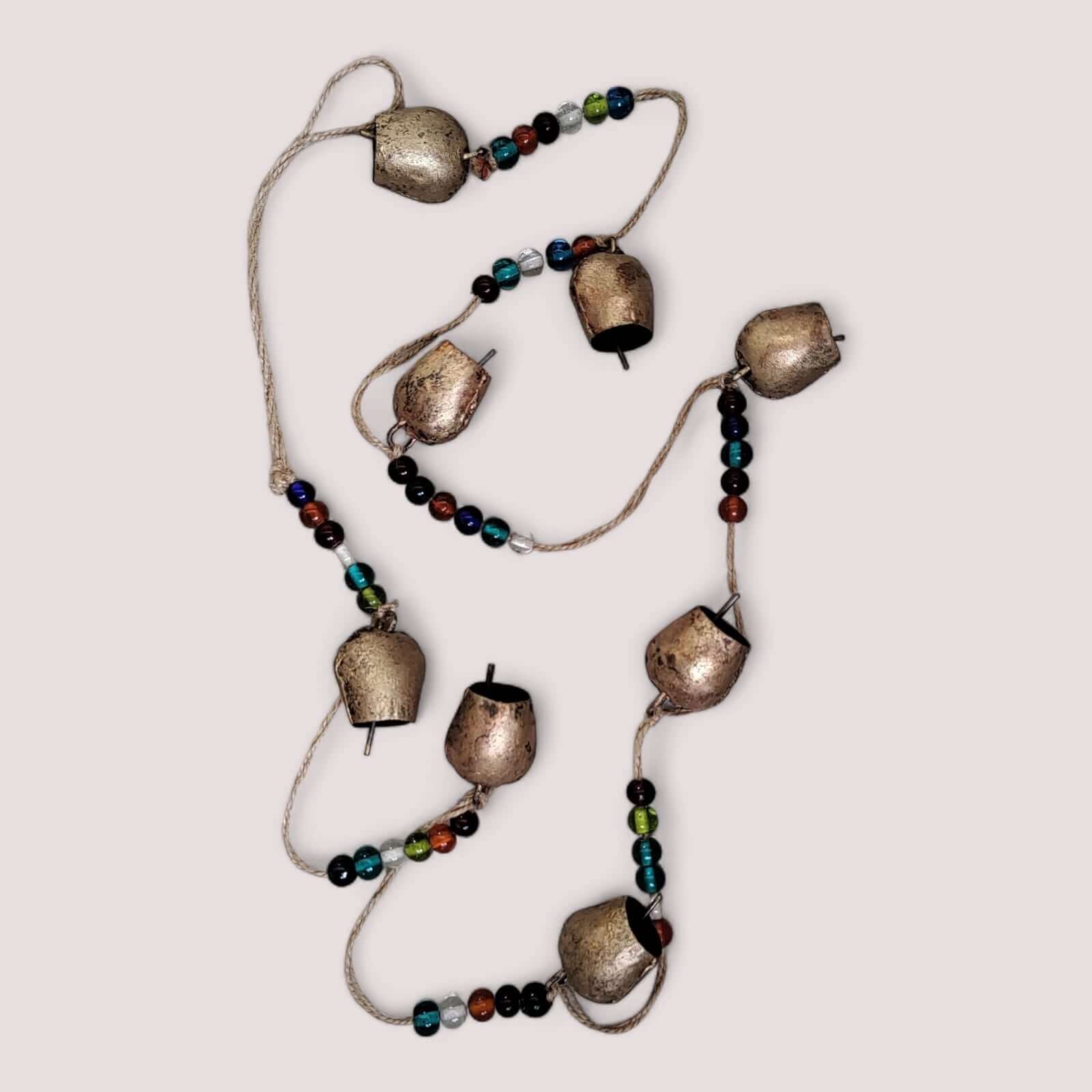 Rustic Shabby Chic Bells Hanging Garland with glass beads and jute twine showcasing 8 dome-shaped bells.