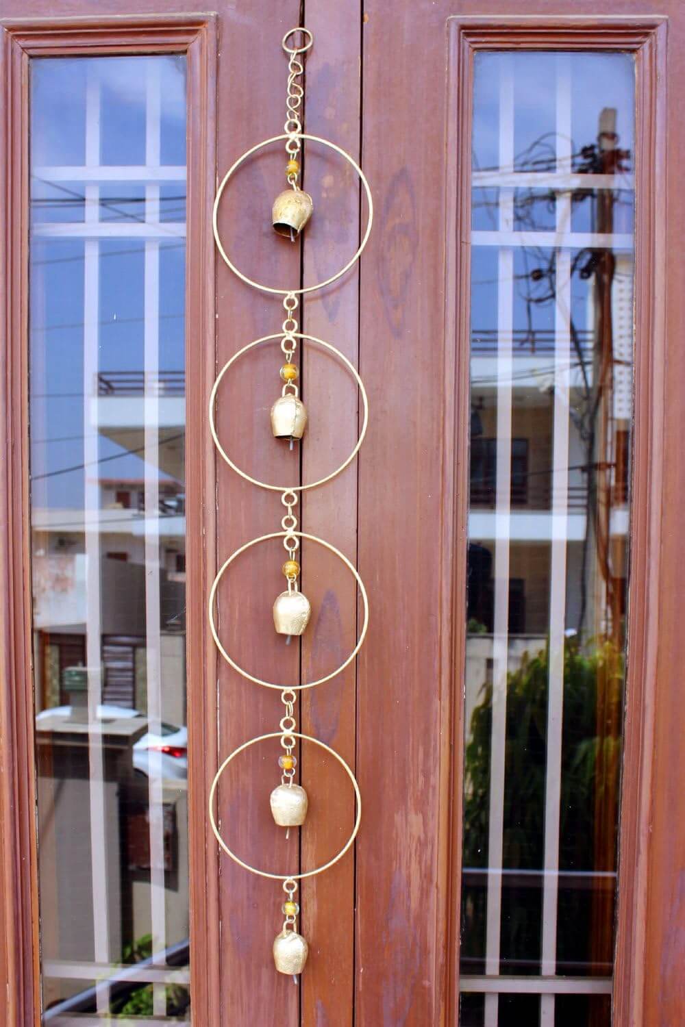 Handmade vintage wind chimes with gold recycled iron bells, outdoor patio garden decor, 30" length, set of 5 pieces.