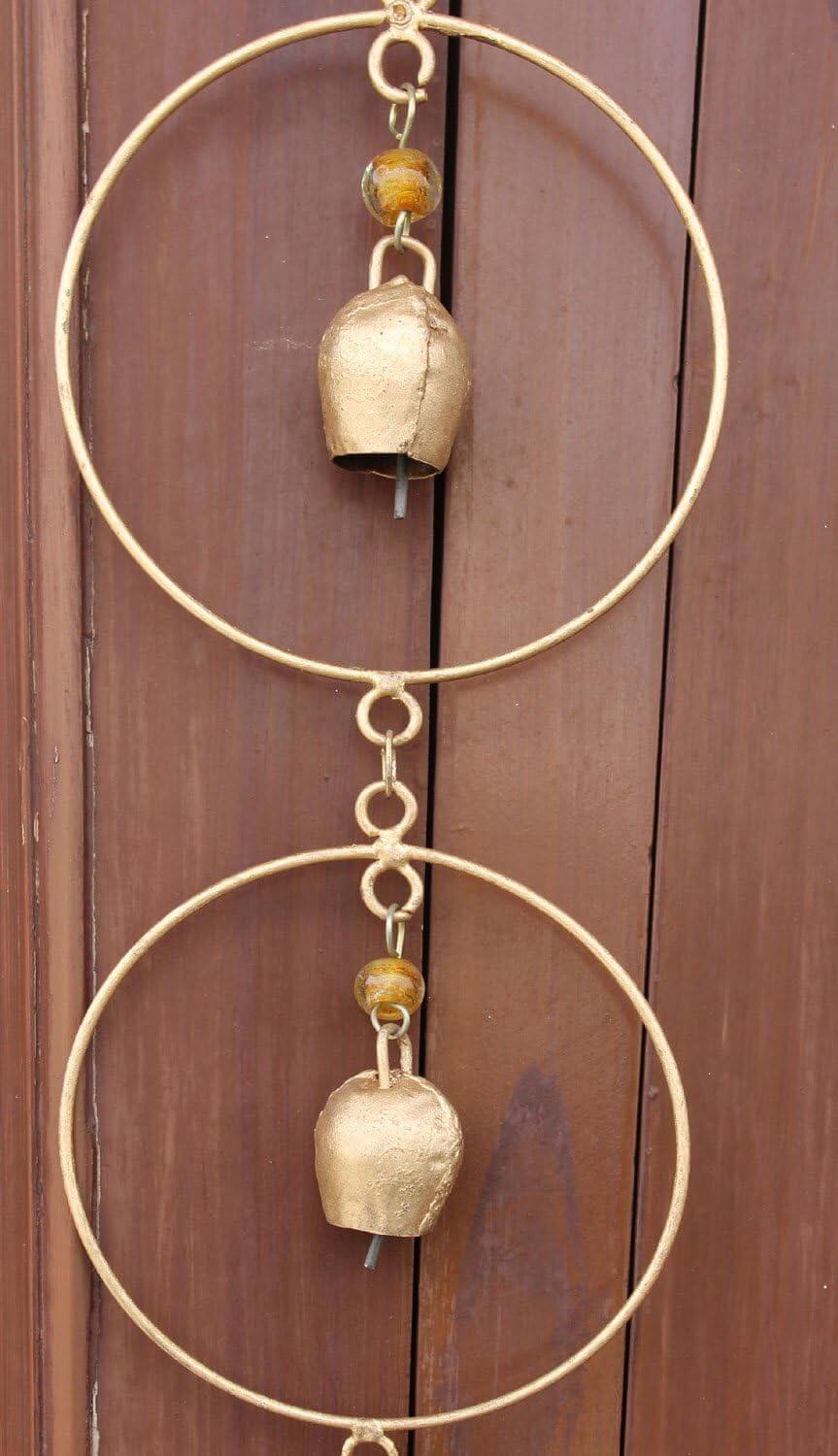 Handmade vintage wind chimes with gold recycled iron bells, ideal for outdoor patio and garden decor, 30 inches long.