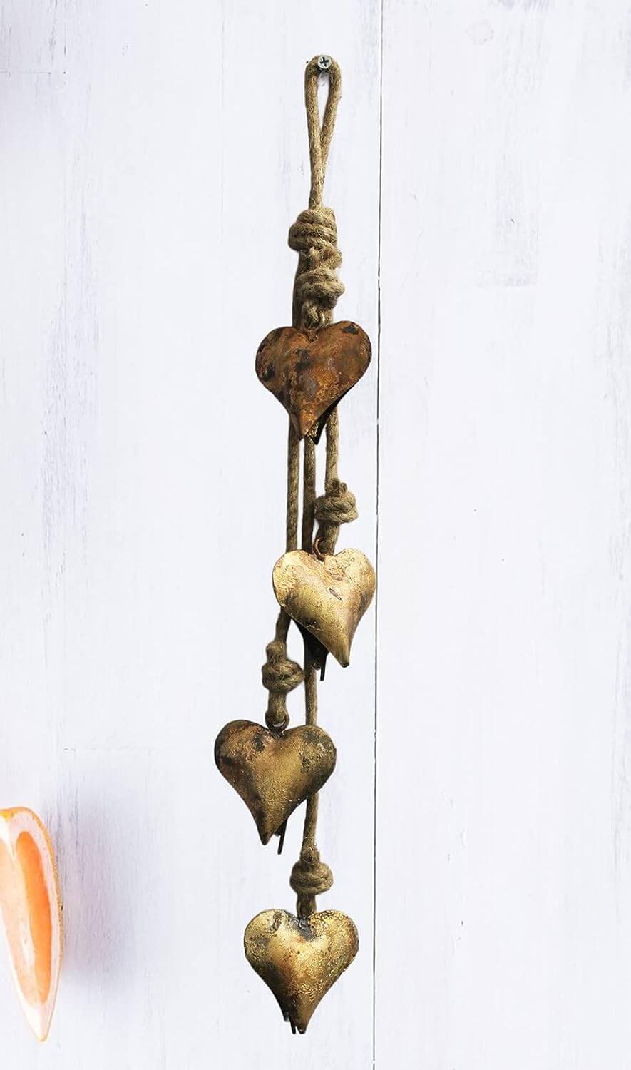 Handcrafted metal heart wall decor, antique rustic finish, set of 4 hearts, boho home decor, sustainable recycled iron.