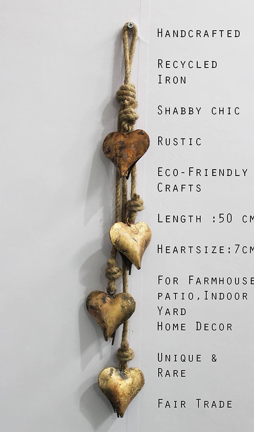 Handcrafted recycled iron heart decor with rustic design, eco-friendly, 50 cm length, 7 cm hearts for home and patio.