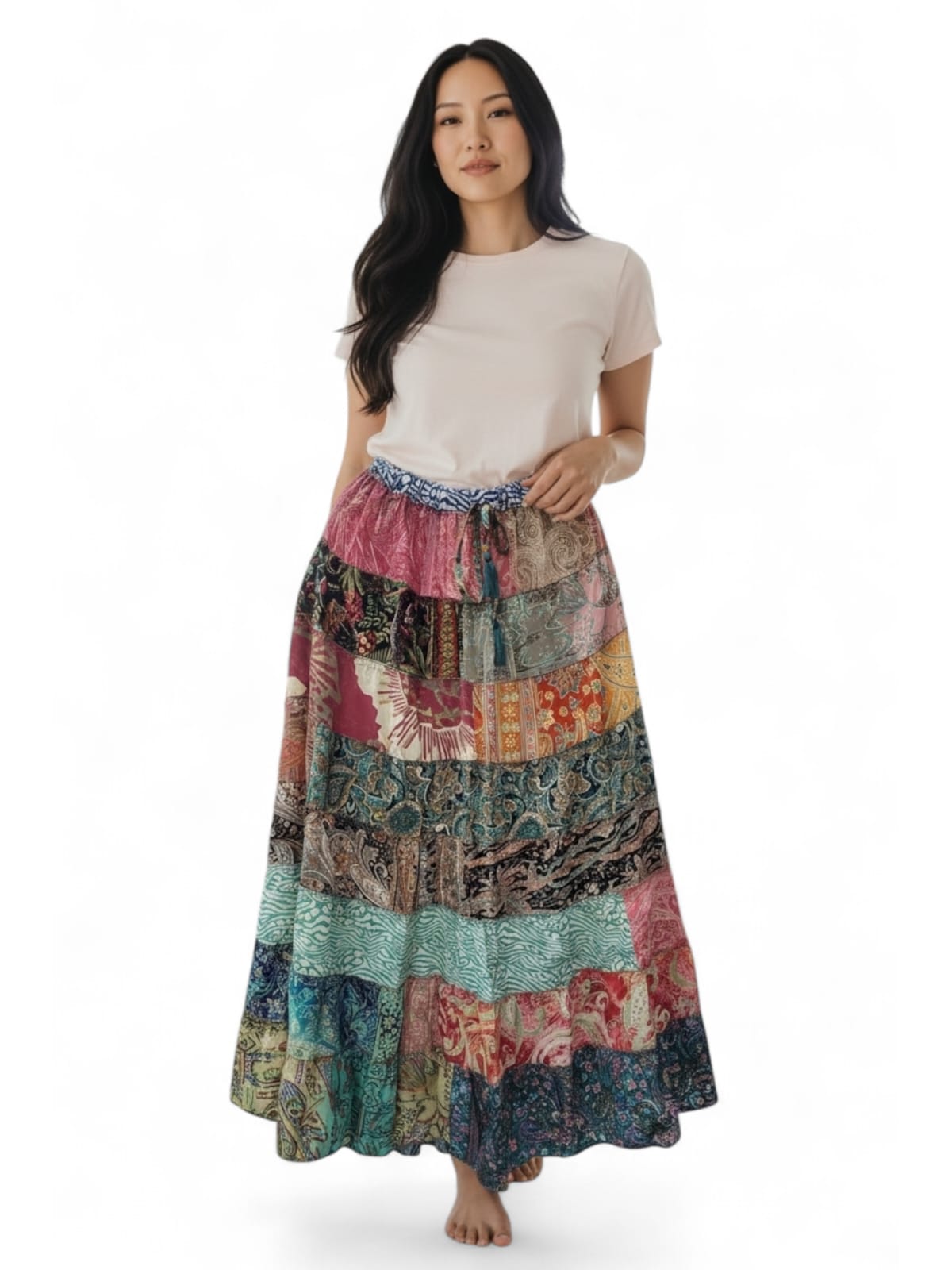 Women Hippie Indian Silk Sari Patchwork Long Gypsy Floral Print Skirt Elastic Waist A-Line