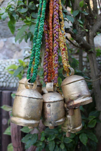 Shabby Chic Rustic Vintage Antique Decorative Tin Cow Bells with Braided sari fabric Handle set of 6 Pieces