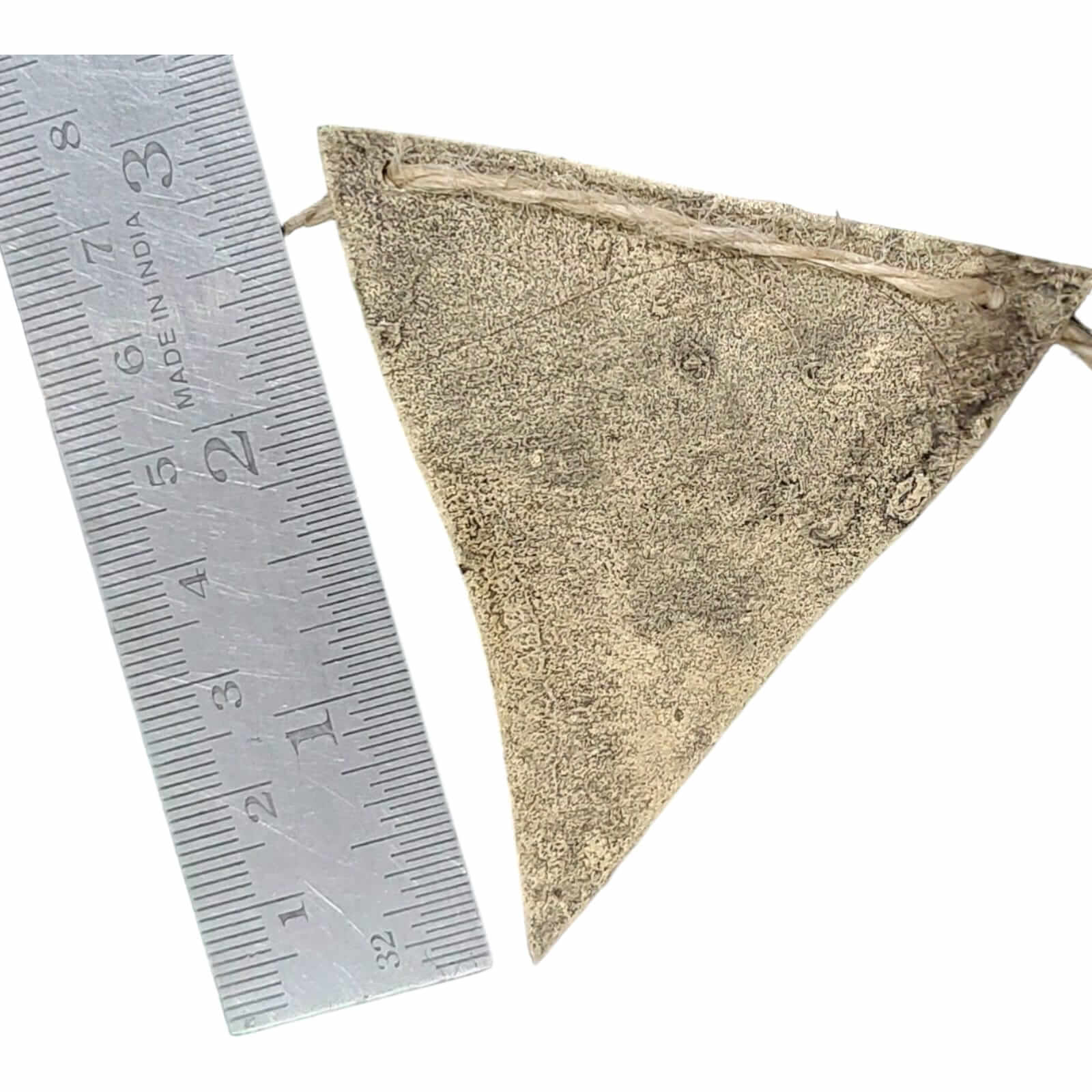 Antique gold recycled iron triangle flag with ruler for size comparison, ideal for bohemian party décor.