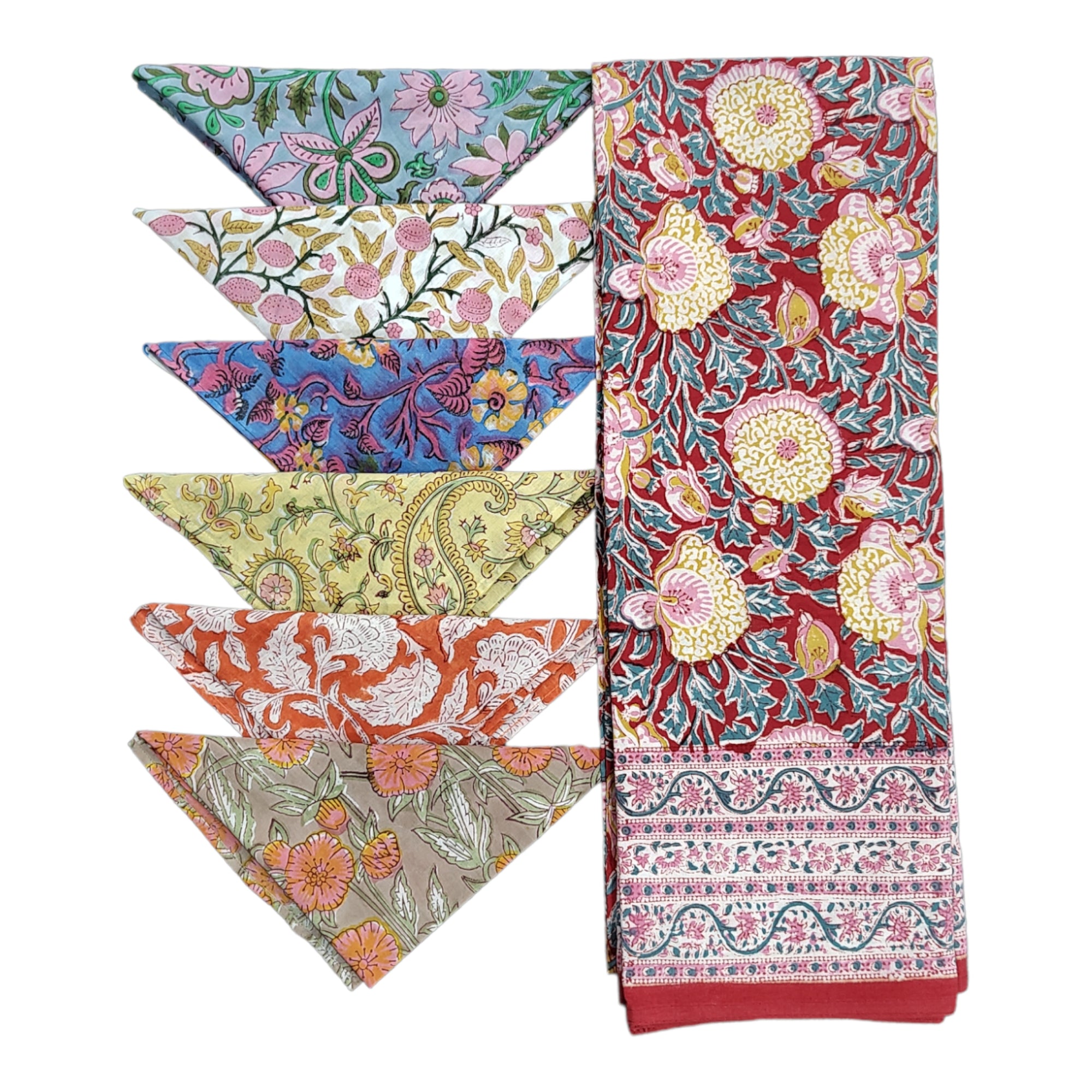 Floral Hand Block Print Tablecloth & Napkins Set